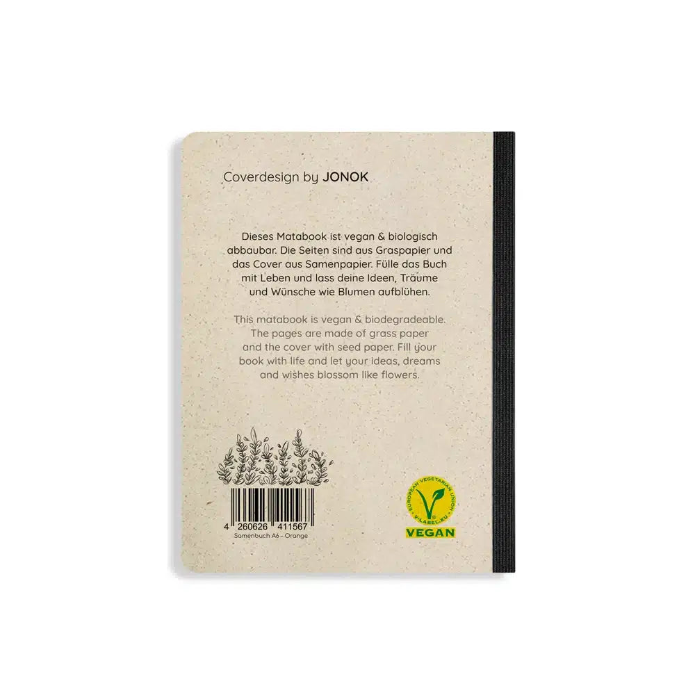 Vegan produziertes Samenbuch, Notizbuch, Skizzenbuch, Tagebuch, Achtsamkeitstagebuch, Reisetagebuch, Dankbarkeitstagebuch, Bullet Journal, Rezeptbuch, Schreibheft oder Schreibblock A6 aus Graspapier von matabooks