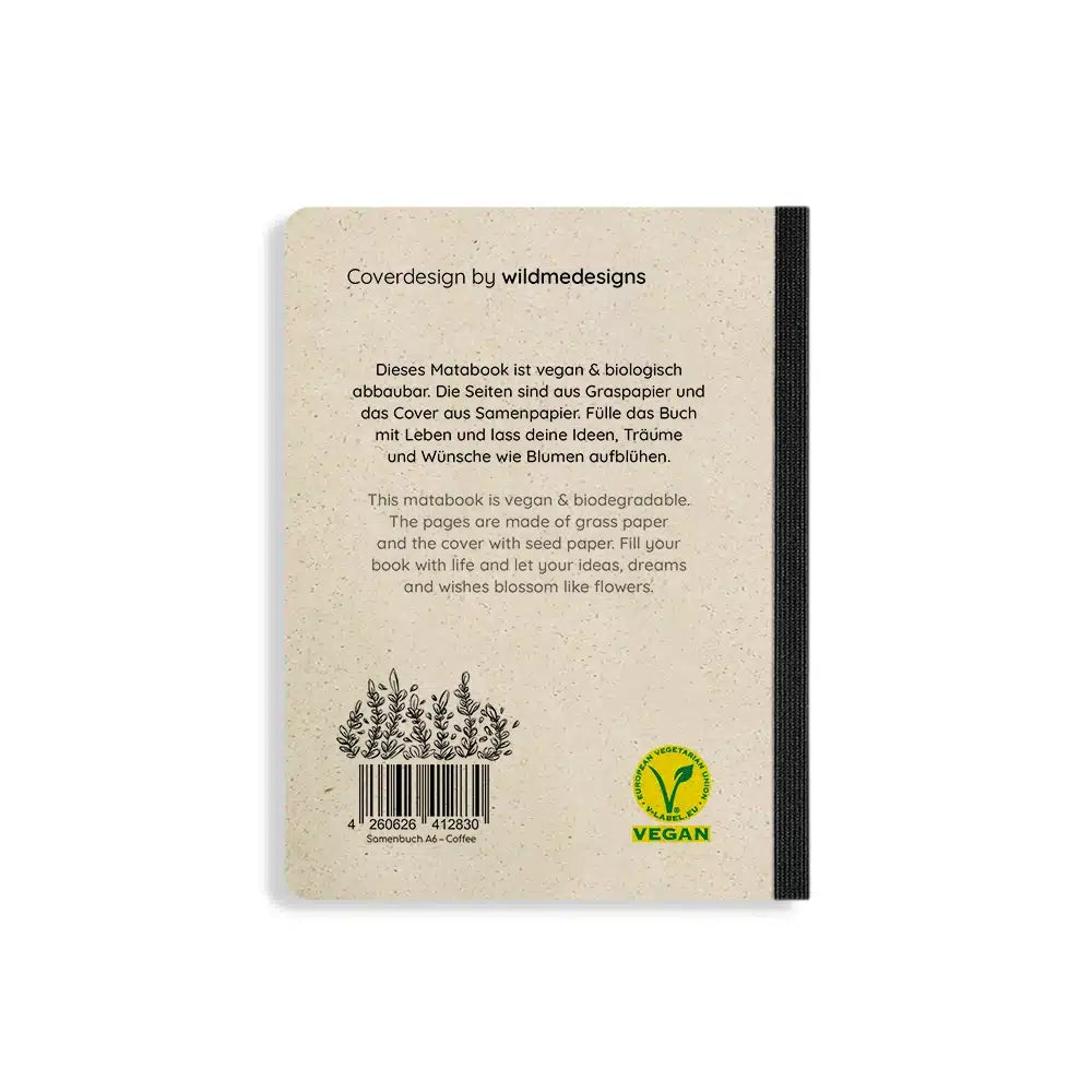 Vegan produziertes Samenbuch, Notizbuch, Skizzenbuch, Tagebuch, Achtsamkeitstagebuch, Reisetagebuch, Dankbarkeitstagebuch, Bullet Journal, Rezeptbuch, Schreibheft oder Schreibblock A6 aus Graspapier von matabooks