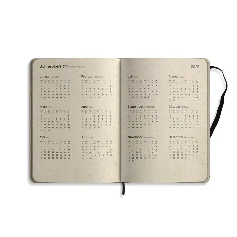 Vegan produzierter Jahresplaner, Jahreskalender, Kalender, Familienkalender, Notizbuch, Tagebuch, Terminplaner, Achtsamkeitstagebuch, Bullet Journal, Reisetagebuch, Dankbarkeitstagebuch, Hausaufgabenheft, Uni-Planer, Taschenkalender, Buchkalender, Business-Planer, Wochenplaner A5 aus Graspapier von matabooks