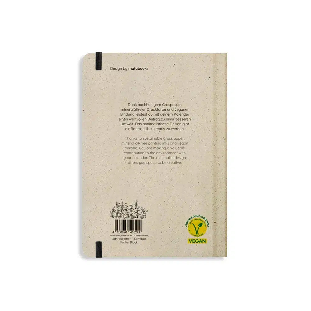 Vegan produzierter Jahresplaner, Jahreskalender, Kalender, Familienkalender, Notizbuch, Tagebuch, Terminplaner, Achtsamkeitstagebuch, Bullet Journal, Reisetagebuch, Dankbarkeitstagebuch, Hausaufgabenheft, Uni-Planer, Taschenkalender, Buchkalender, Business-Planer, Wochenplaner A5 aus Graspapier und Süßgraspapier von matabooks