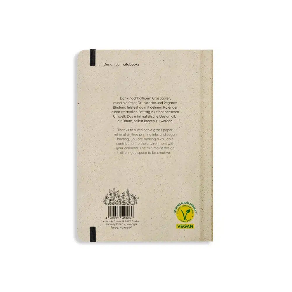 Vegan produzierter Jahresplaner, Jahreskalender, Kalender, Familienkalender, Notizbuch, Tagebuch, Terminplaner, Achtsamkeitstagebuch, Bullet Journal, Reisetagebuch, Dankbarkeitstagebuch, Hausaufgabenheft, Uni-Planer, Taschenkalender, Buchkalender, Business-Planer, Wochenplaner A5 aus Graspapier und Süßgraspapier von matabooks
