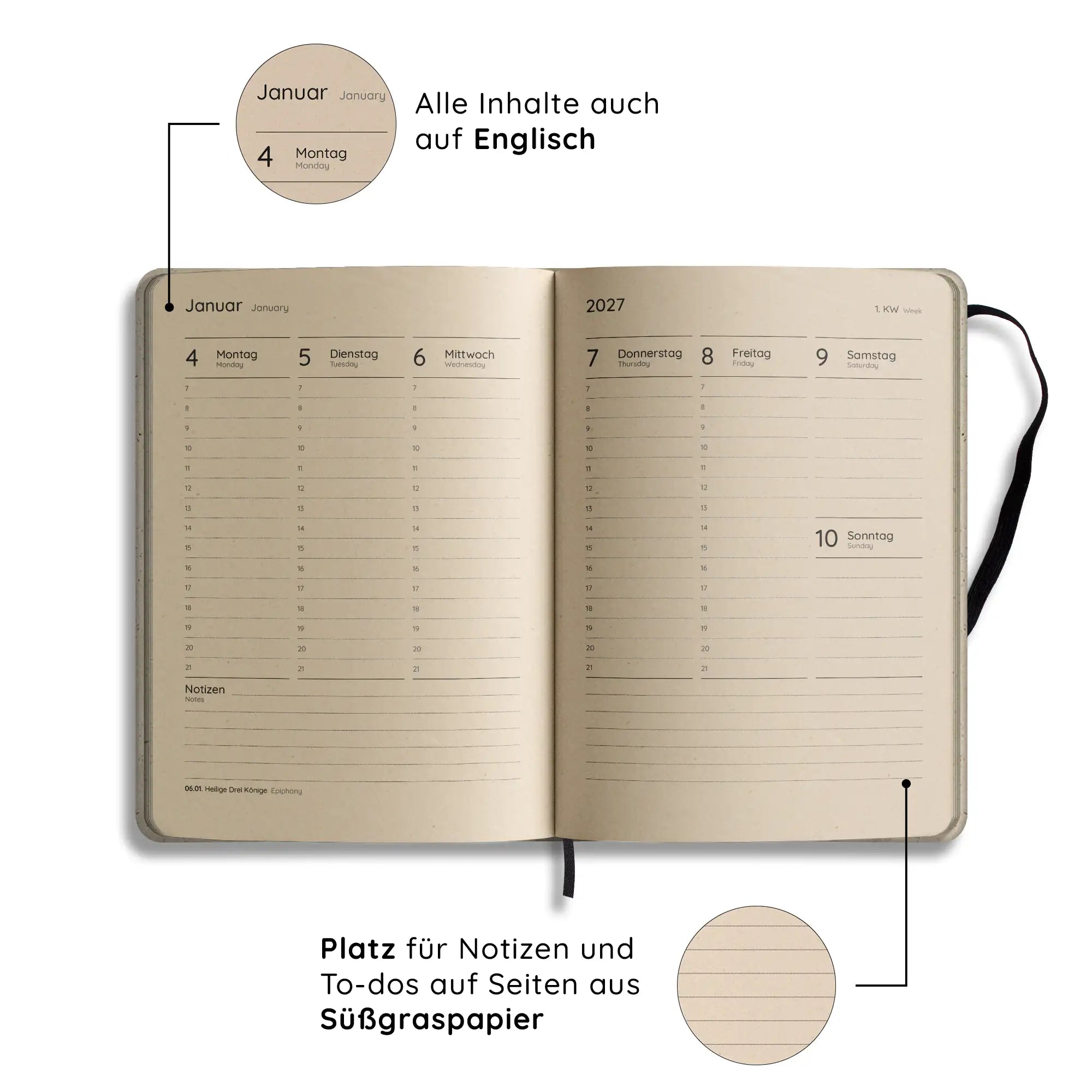 Vegan produzierter Jahresplaner, Jahreskalender, Kalender, Familienkalender, Notizbuch, Tagebuch, Terminplaner, Achtsamkeitstagebuch, Bullet Journal, Reisetagebuch, Dankbarkeitstagebuch, Hausaufgabenheft, Uni-Planer, Taschenkalender, Buchkalender, Business-Planer, Wochenplaner A5 aus Graspapier und Süßgraspapier von matabooks