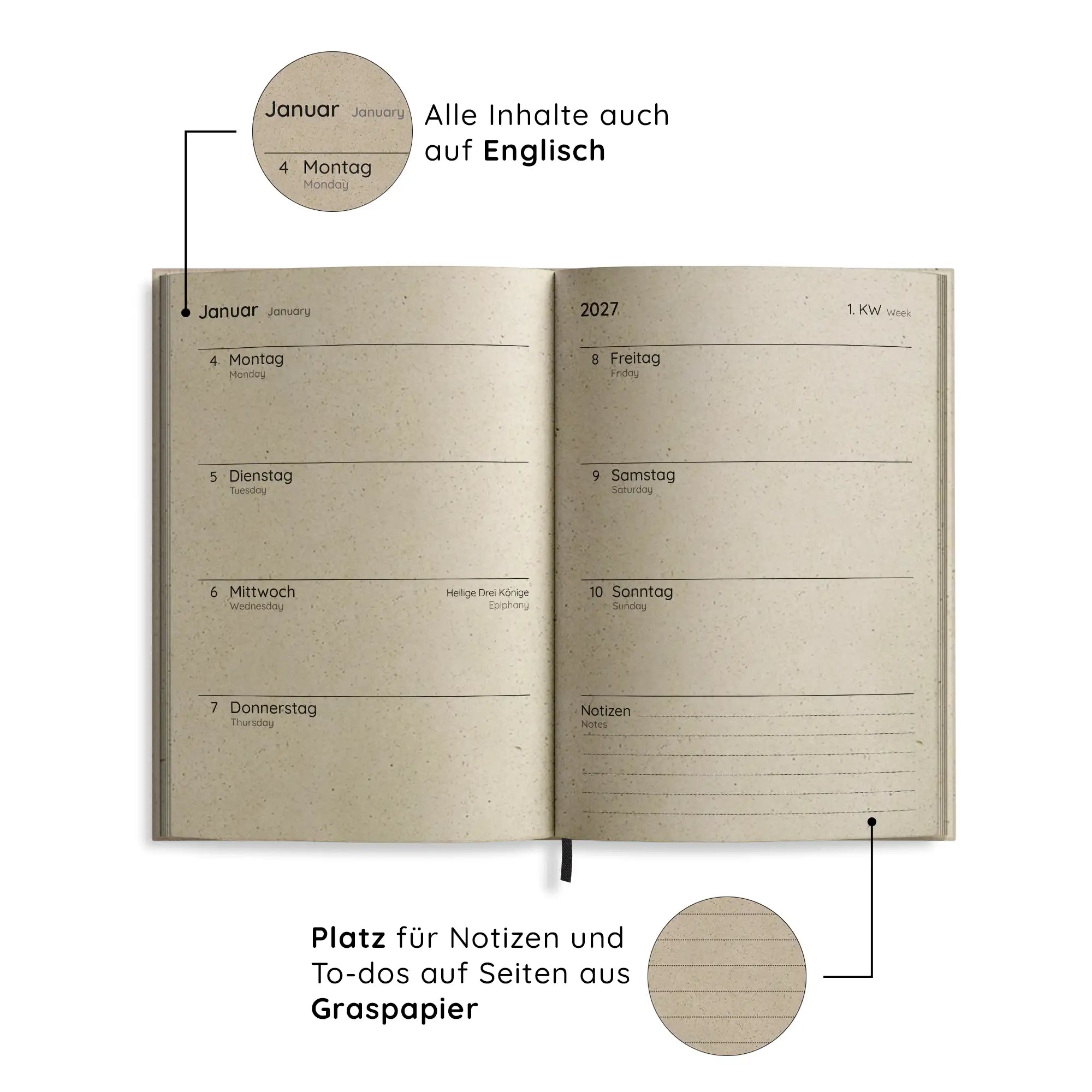 Vegan produzierter Jahresplaner, Jahreskalender, Kalender, Familienkalender, Notizbuch, Tagebuch, Terminplaner, Achtsamkeitstagebuch, Bullet Journal, Reisetagebuch, Dankbarkeitstagebuch, Hausaufgabenheft, Uni-Planer, Taschenkalender, Buchkalender, Business-Planer, Wochenplaner A6 aus Graspapier von matabooks