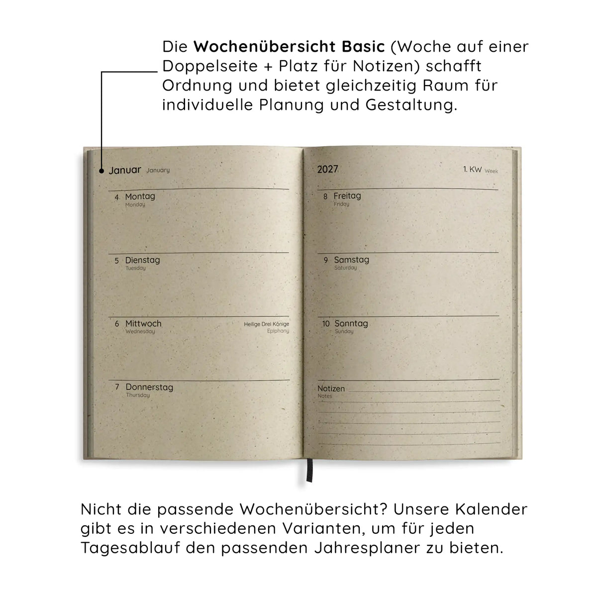 Vegan produzierter Jahresplaner, Jahreskalender, Kalender, Familienkalender, Notizbuch, Tagebuch, Terminplaner, Achtsamkeitstagebuch, Bullet Journal, Reisetagebuch, Dankbarkeitstagebuch, Hausaufgabenheft, Uni-Planer, Taschenkalender, Buchkalender, Business-Planer, Wochenplaner A6 aus Graspapier von matabooks