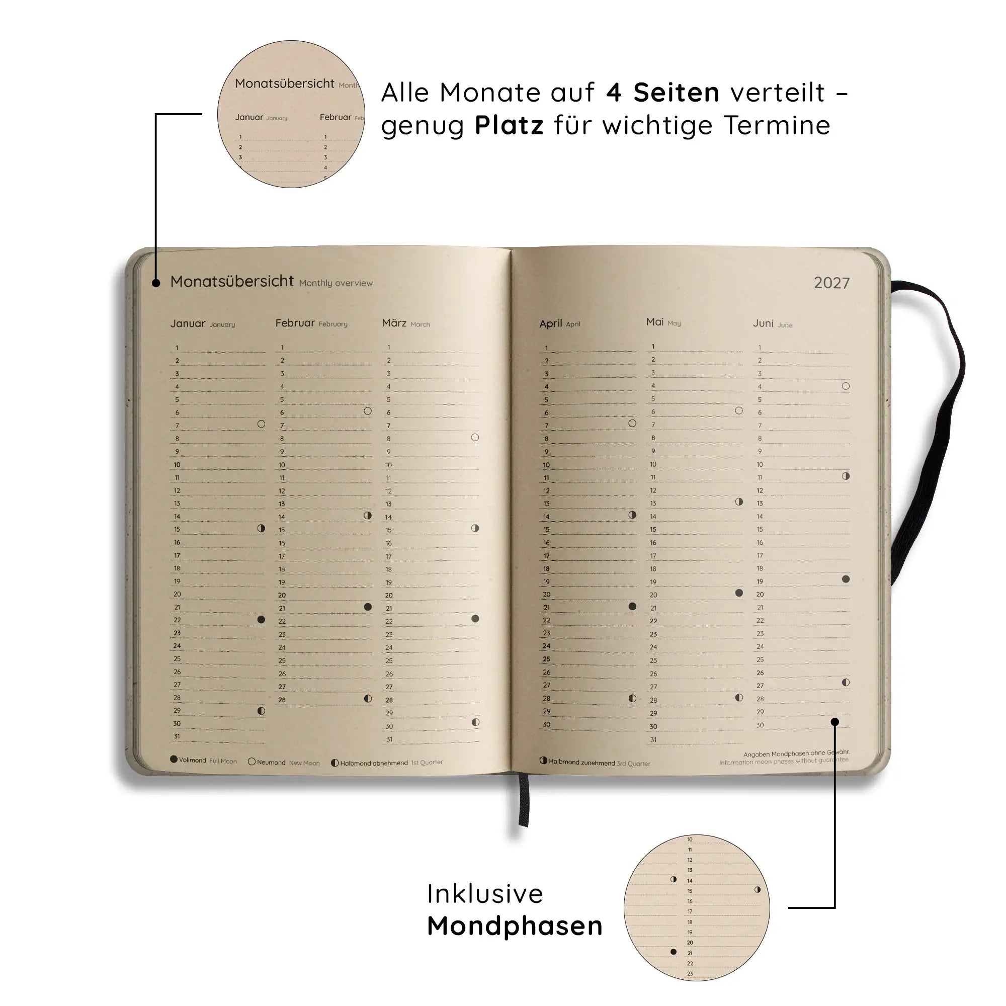 Vegan produzierter Jahresplaner, Jahreskalender, Kalender, Familienkalender, Notizbuch, Tagebuch, Terminplaner, Achtsamkeitstagebuch, Bullet Journal, Reisetagebuch, Dankbarkeitstagebuch, Hausaufgabenheft, Uni-Planer, Taschenkalender, Buchkalender, Business-Planer, Wochenplaner A5 aus Graspapier und Süßgraspapier von matabooks