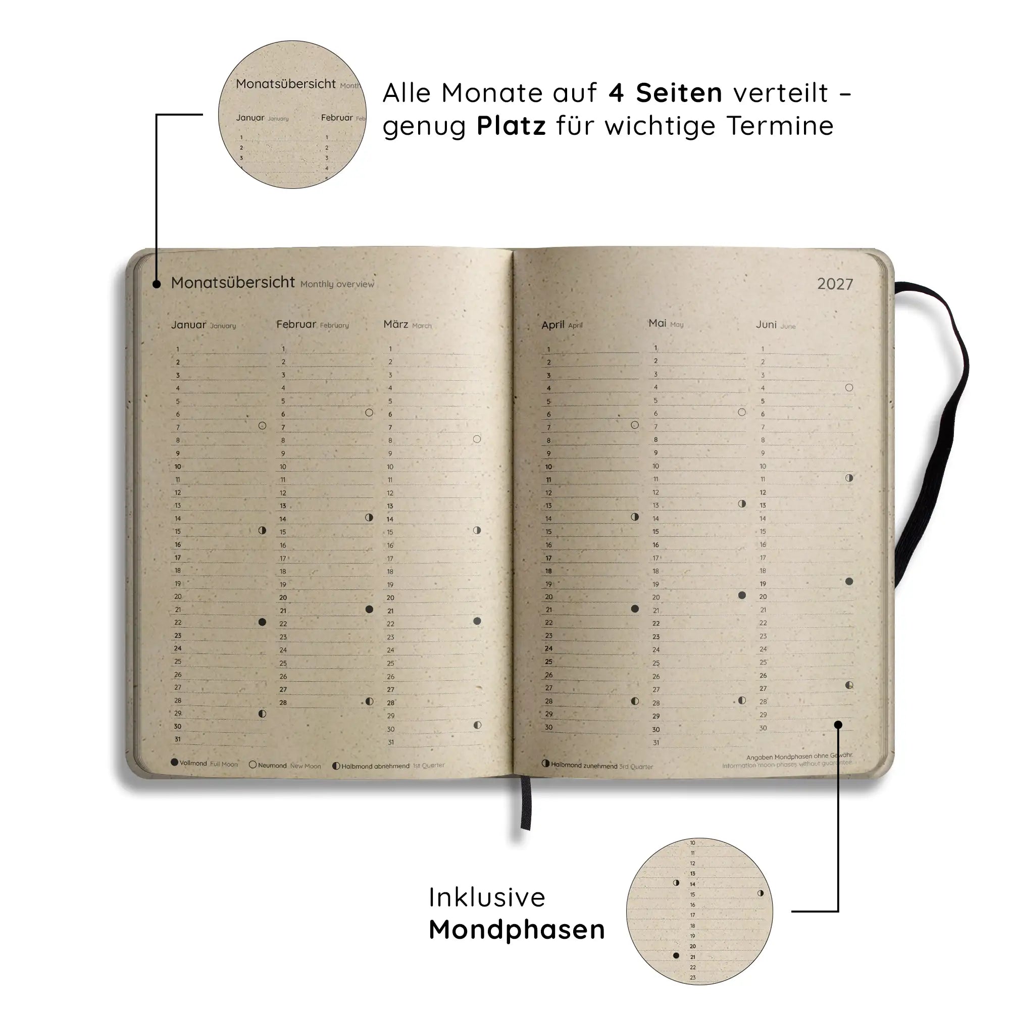 Vegan produzierter Jahresplaner, Jahreskalender, Kalender, Familienkalender, Notizbuch, Tagebuch, Terminplaner, Achtsamkeitstagebuch, Bullet Journal, Reisetagebuch, Dankbarkeitstagebuch, Hausaufgabenheft, Uni-Planer, Taschenkalender, Buchkalender, Business-Planer, Wochenplaner A5 aus Graspapier von matabooks