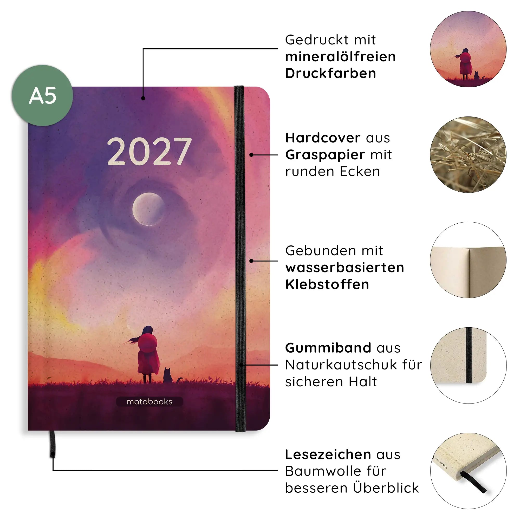 Vegan produzierter Jahresplaner, Jahreskalender, Kalender, Familienkalender, Notizbuch, Tagebuch, Terminplaner, Achtsamkeitstagebuch, Bullet Journal, Reisetagebuch, Dankbarkeitstagebuch, Hausaufgabenheft, Uni-Planer, Taschenkalender, Buchkalender, Business-Planer, Wochenplaner A5 aus Graspapier und Süßgraspapier von matabooks