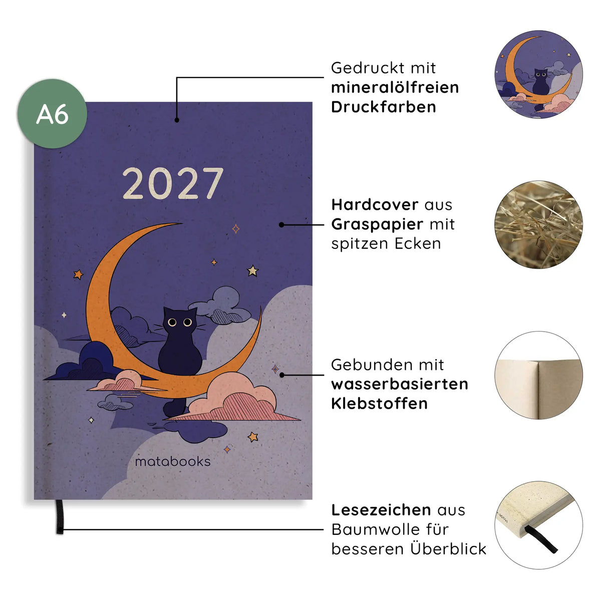 Vegan produzierter Jahresplaner, Jahreskalender, Kalender, Familienkalender, Notizbuch, Tagebuch, Terminplaner, Achtsamkeitstagebuch, Bullet Journal, Reisetagebuch, Dankbarkeitstagebuch, Hausaufgabenheft, Uni-Planer, Taschenkalender, Buchkalender, Business-Planer, Wochenplaner A6 aus Graspapier von matabooks