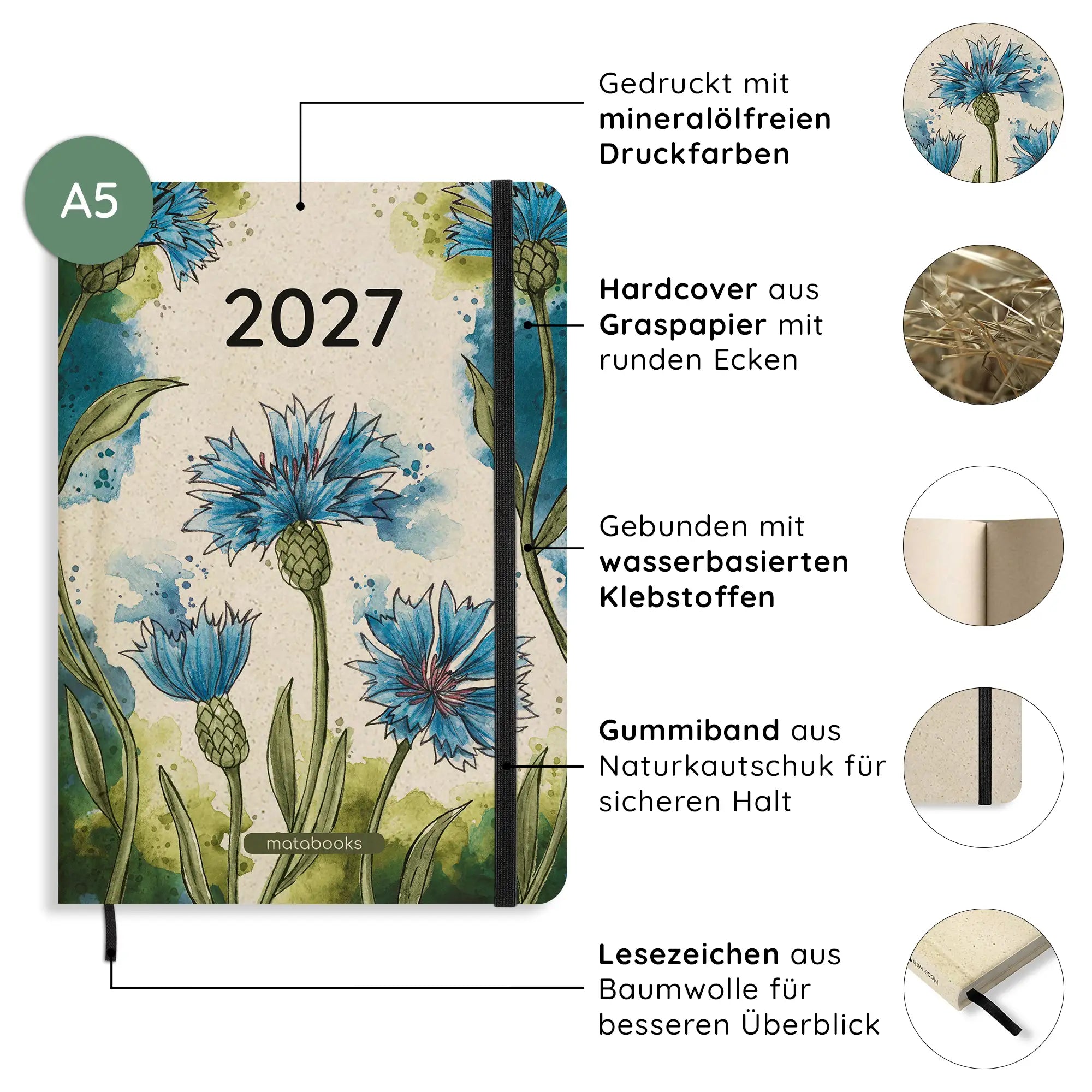 Vegan produzierter Jahresplaner, Jahreskalender, Kalender, Familienkalender, Notizbuch, Tagebuch, Terminplaner, Achtsamkeitstagebuch, Bullet Journal, Reisetagebuch, Dankbarkeitstagebuch, Hausaufgabenheft, Uni-Planer, Taschenkalender, Buchkalender, Business-Planer, Wochenplaner A5 aus Graspapier von matabooks