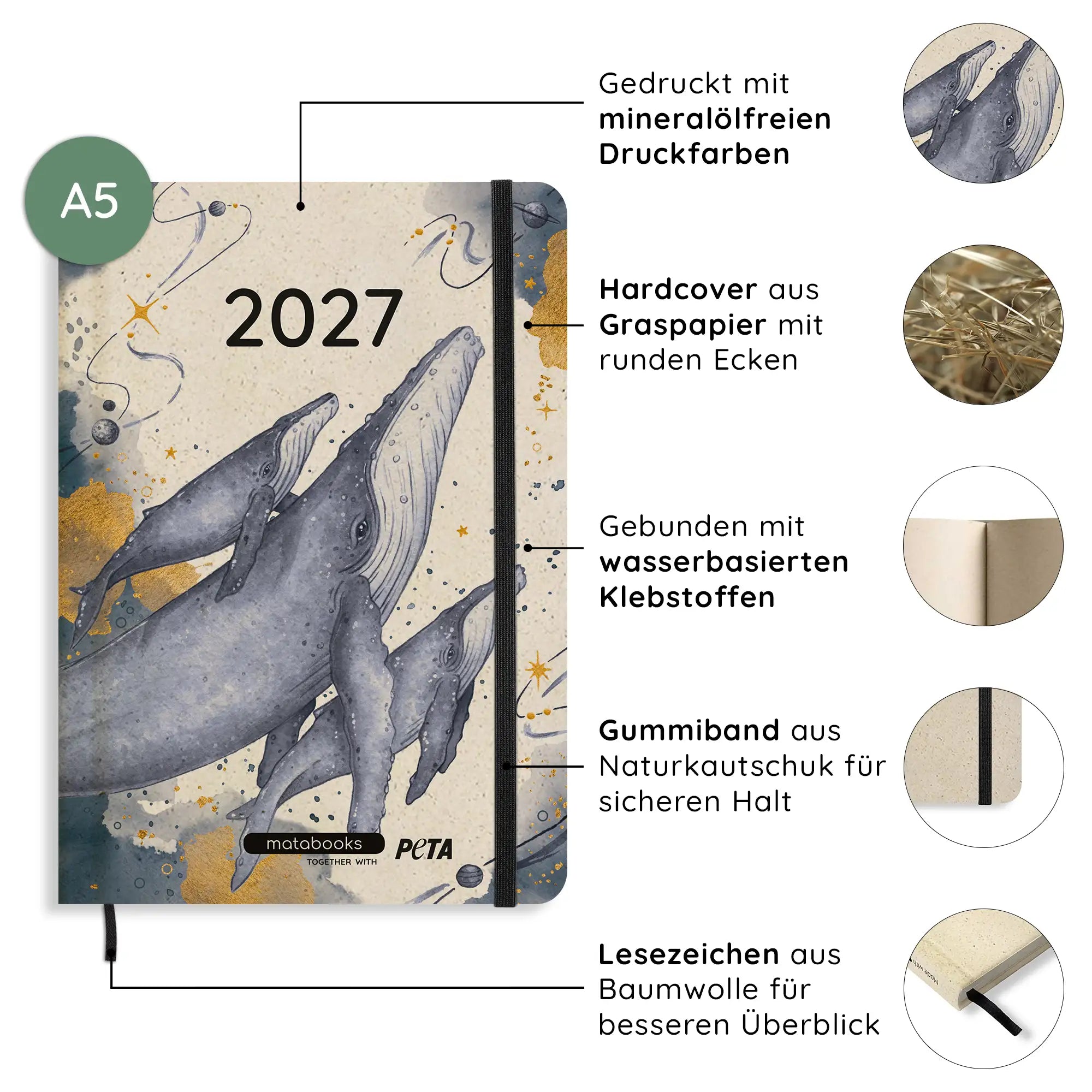 Vegan produzierter Jahresplaner, Jahreskalender, Kalender, Familienkalender, Notizbuch, Tagebuch, Terminplaner, Achtsamkeitstagebuch, Bullet Journal, Reisetagebuch, Dankbarkeitstagebuch, Hausaufgabenheft, Uni-Planer, Taschenkalender, Buchkalender, Business-Planer, Wochenplaner A5 aus Graspapier von matabooks