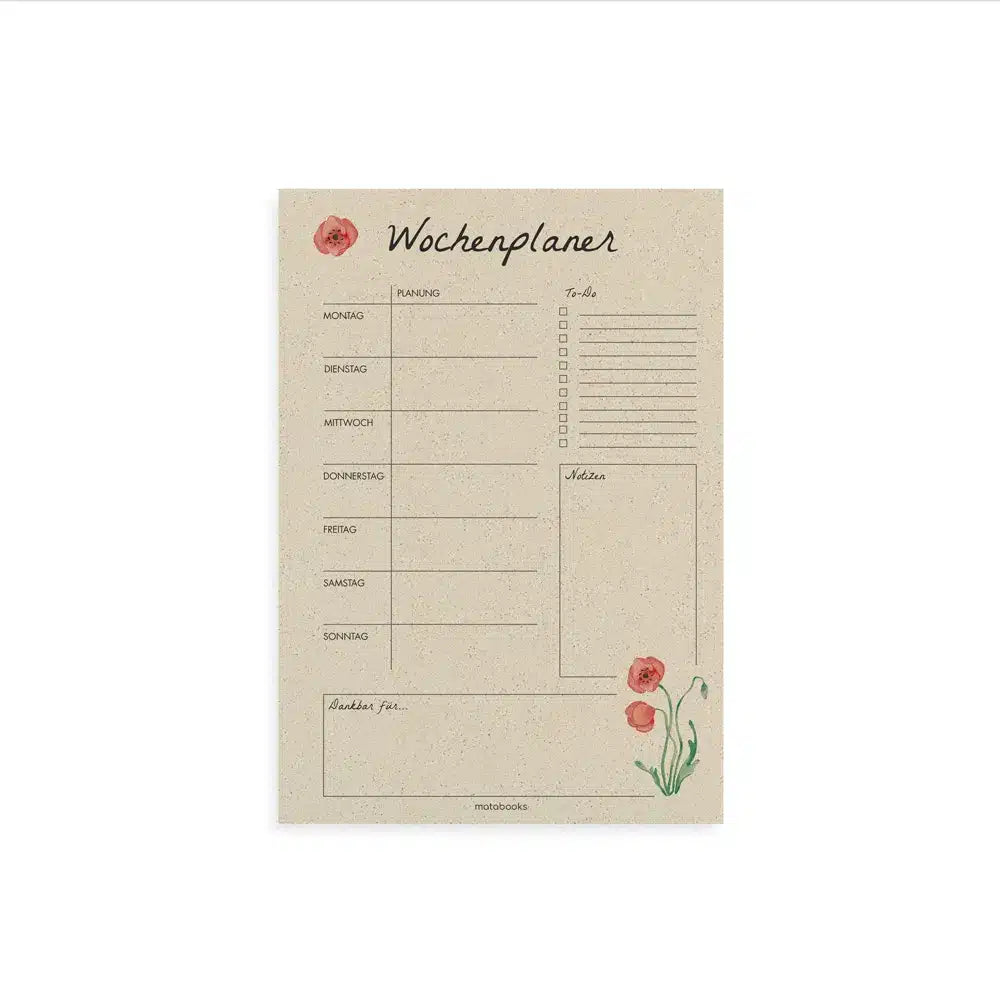 Vegan produzierter Wochenplaner, Wochenübersicht, Schreibtischplaner, Familienplaner, Terminplaner, To-do-Liste, Arbeitsplaner, Uni-Planer, Wochenkalender, Schreibblock A4 aus Graspapier von matabooks