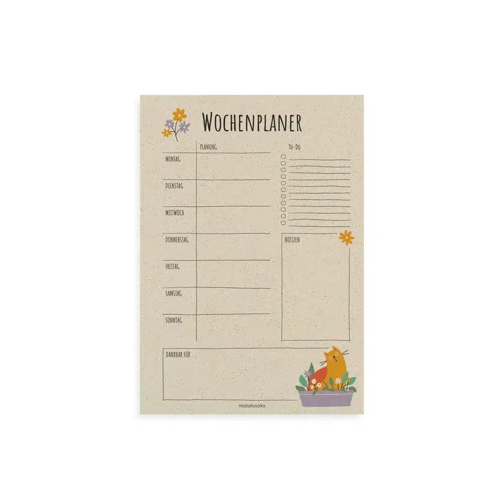 Vegan produzierter Wochenplaner, Wochenübersicht, Schreibtischplaner, Familienplaner, Terminplaner, To-do-Liste, Arbeitsplaner, Uni-Planer, Wochenkalender, Schreibblock A4 aus Graspapier von matabooks