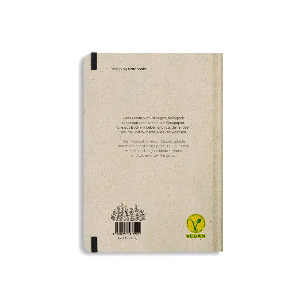 Vegan produziertes Notizbuch, Skizzenbuch, Tagebuch, Achtsamkeitstagebuch, Reisetagebuch, Dankbarkeitstagebuch, Bullet Journal, Planer, Terminplaner, Uni-Planer, Kalender, Wochenplaner, Rezeptbuch, Schreibheft oder Schreibblock A5 Nari aus Graspapier und Süßgraspapier von matabooks