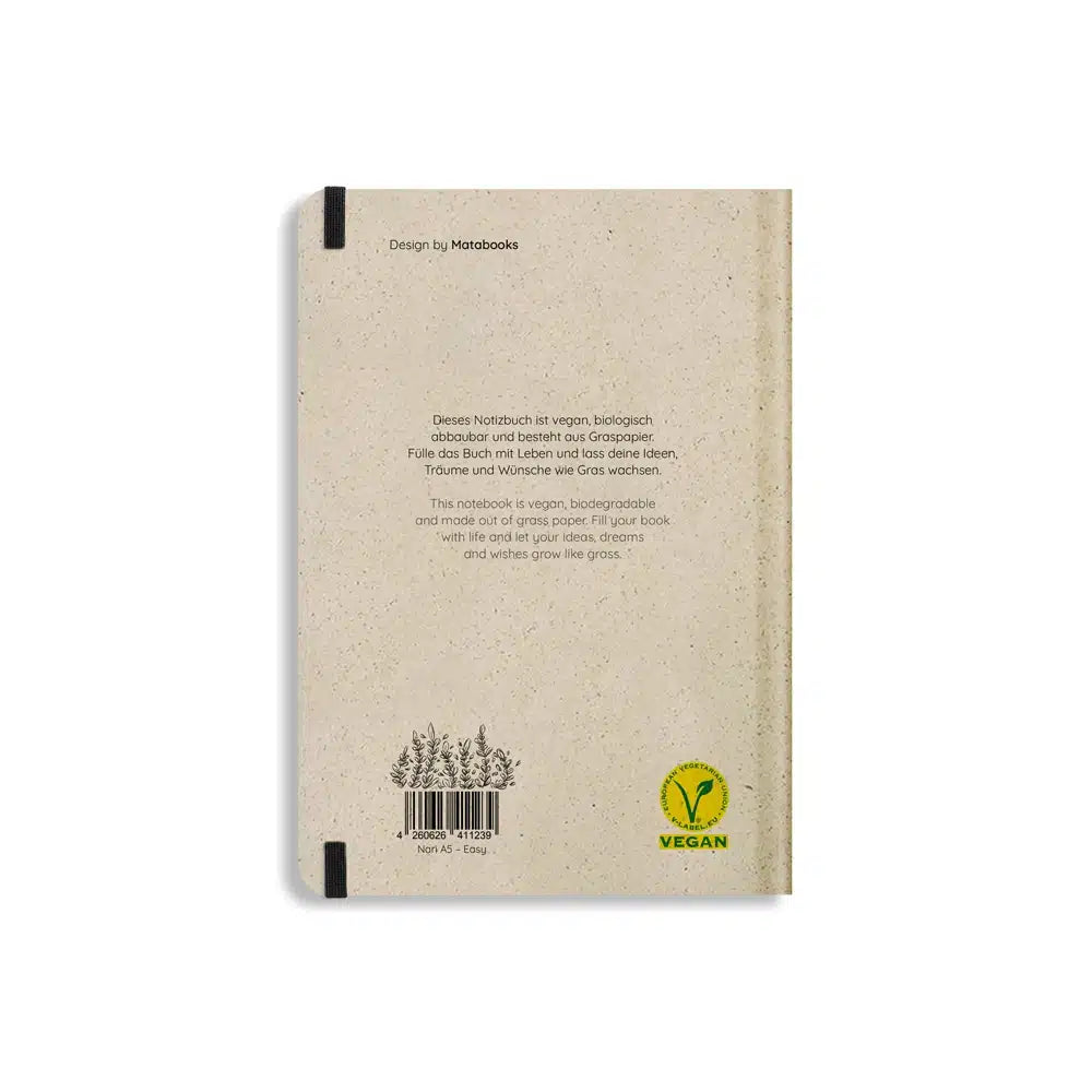 Vegan produziertes Notizbuch, Skizzenbuch, Tagebuch, Achtsamkeitstagebuch, Reisetagebuch, Dankbarkeitstagebuch, Bullet Journal, Planer, Terminplaner, Uni-Planer, Kalender, Wochenplaner, Rezeptbuch, Schreibheft oder Schreibblock A5 Nari aus Graspapier und Süßgraspapier von matabooks