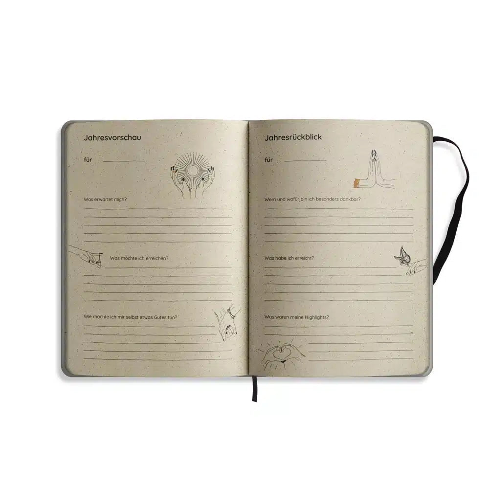 Vegan produzierter Jahresplaner, Jahreskalender, Kalender, Familienkalender, Notizbuch, Tagebuch, Terminplaner, Achtsamkeitstagebuch, Bullet Journal, Reisetagebuch, Dankbarkeitstagebuch, Hausaufgabenheft, Uni-Planer, Taschenkalender, Buchkalender, Business-Planer, Wochenplaner A5 aus Graspapier von matabooks