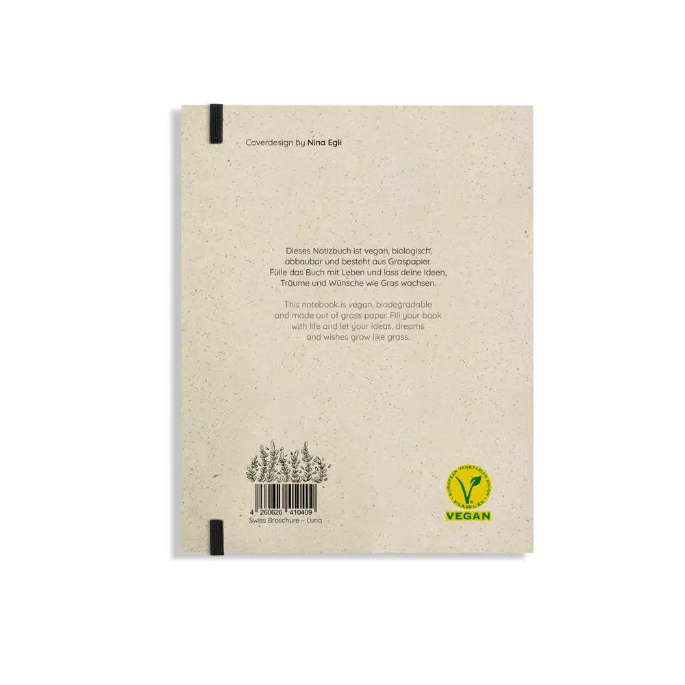 Vegan produziertes Notizbuch, Skizzenbuch, Tagebuch, Achtsamkeitstagebuch, Reisetagebuch, Dankbarkeitstagebuch, Bullet Journal, Planer, Terminplaner, Uni-Planer, Kalender, Wochenplaner, Rezeptbuch, Schreibheft oder Schreibblock A5 Swiss Brochure aus Graspapier von matabooks