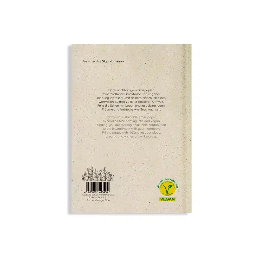 Vegan produziertes Notizbuch, Skizzenbuch, Tagebuch, Achtsamkeitstagebuch, Reisetagebuch, Dankbarkeitstagebuch, Bullet Journal, Planer, Terminplaner, Uni-Planer, Kalender, Wochenplaner, Rezeptbuch, Schreibheft oder Schreibblock A5 Jana aus Graspapier von matabooks
