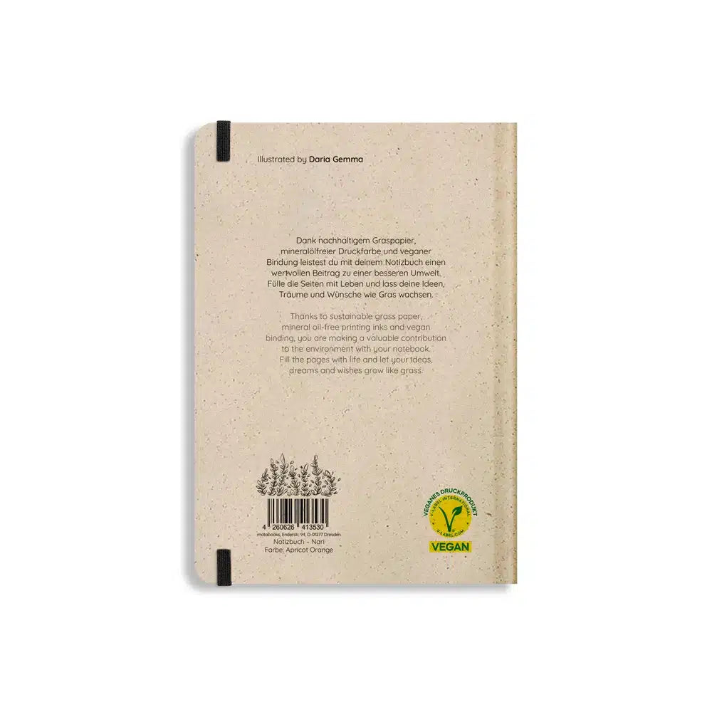 Vegan produziertes Notizbuch, Skizzenbuch, Tagebuch, Achtsamkeitstagebuch, Reisetagebuch, Dankbarkeitstagebuch, Bullet Journal, Planer, Terminplaner, Uni-Planer, Kalender, Wochenplaner, Rezeptbuch, Schreibheft oder Schreibblock A5 Nari aus Graspapier und Süßgraspapier von matabooks