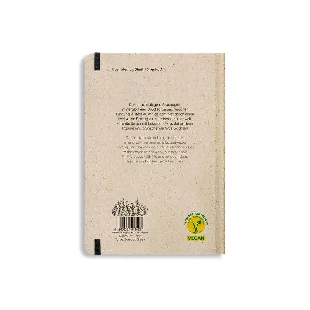 Vegan produziertes Notizbuch, Skizzenbuch, Tagebuch, Achtsamkeitstagebuch, Reisetagebuch, Dankbarkeitstagebuch, Bullet Journal, Planer, Terminplaner, Uni-Planer, Kalender, Wochenplaner, Rezeptbuch, Schreibheft oder Schreibblock A5 Nari aus Graspapier und Süßgraspapier von matabooks