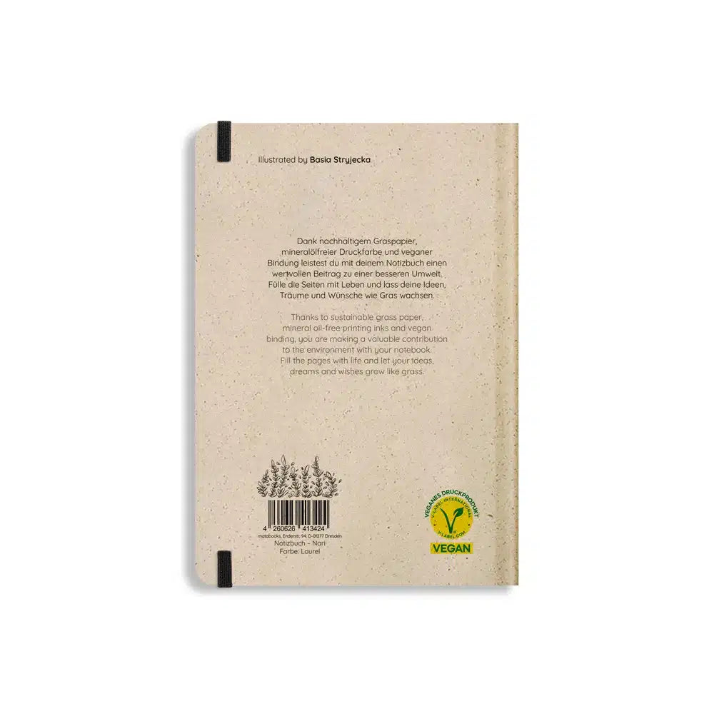 Vegan produziertes Notizbuch, Skizzenbuch, Tagebuch, Achtsamkeitstagebuch, Reisetagebuch, Dankbarkeitstagebuch, Bullet Journal, Planer, Terminplaner, Uni-Planer, Kalender, Wochenplaner, Rezeptbuch, Schreibheft oder Schreibblock A5 Nari aus Graspapier und Süßgraspapier von matabooks