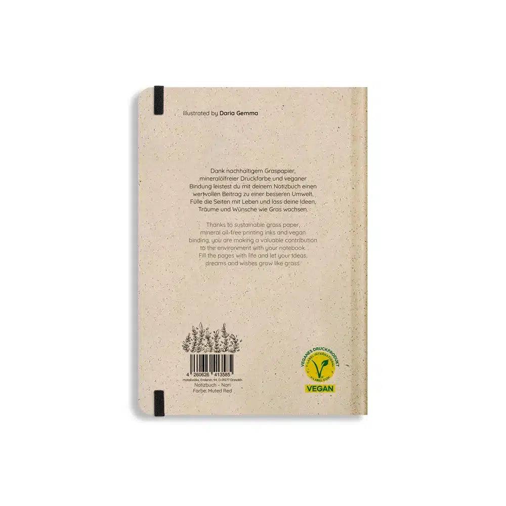 Vegan produziertes Notizbuch, Skizzenbuch, Tagebuch, Achtsamkeitstagebuch, Reisetagebuch, Dankbarkeitstagebuch, Bullet Journal, Planer, Terminplaner, Uni-Planer, Kalender, Wochenplaner, Rezeptbuch, Schreibheft oder Schreibblock A5 Nari aus Graspapier und Süßgraspapier von matabooks