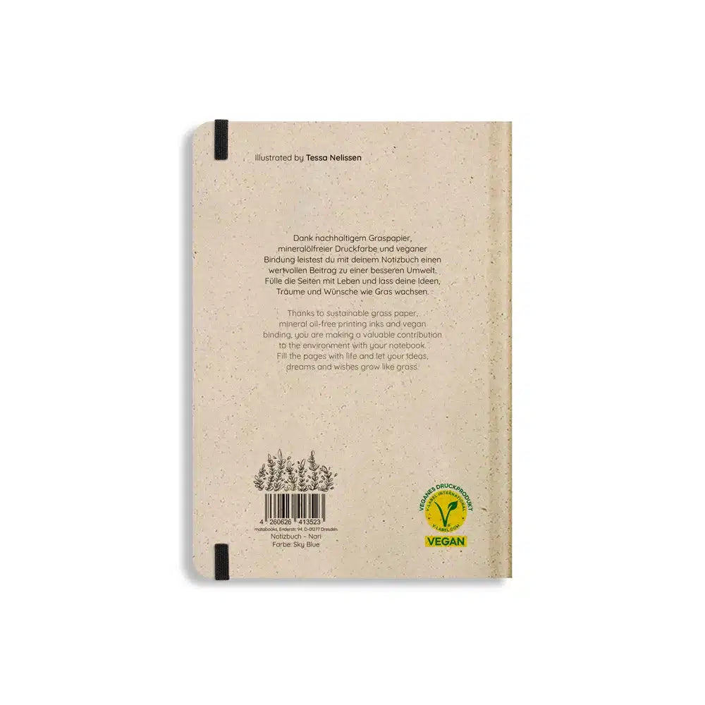 Vegan produziertes Notizbuch, Skizzenbuch, Tagebuch, Achtsamkeitstagebuch, Reisetagebuch, Dankbarkeitstagebuch, Bullet Journal, Planer, Terminplaner, Uni-Planer, Kalender, Wochenplaner, Rezeptbuch, Schreibheft oder Schreibblock A5 Nari aus Graspapier und Süßgraspapier von matabooks