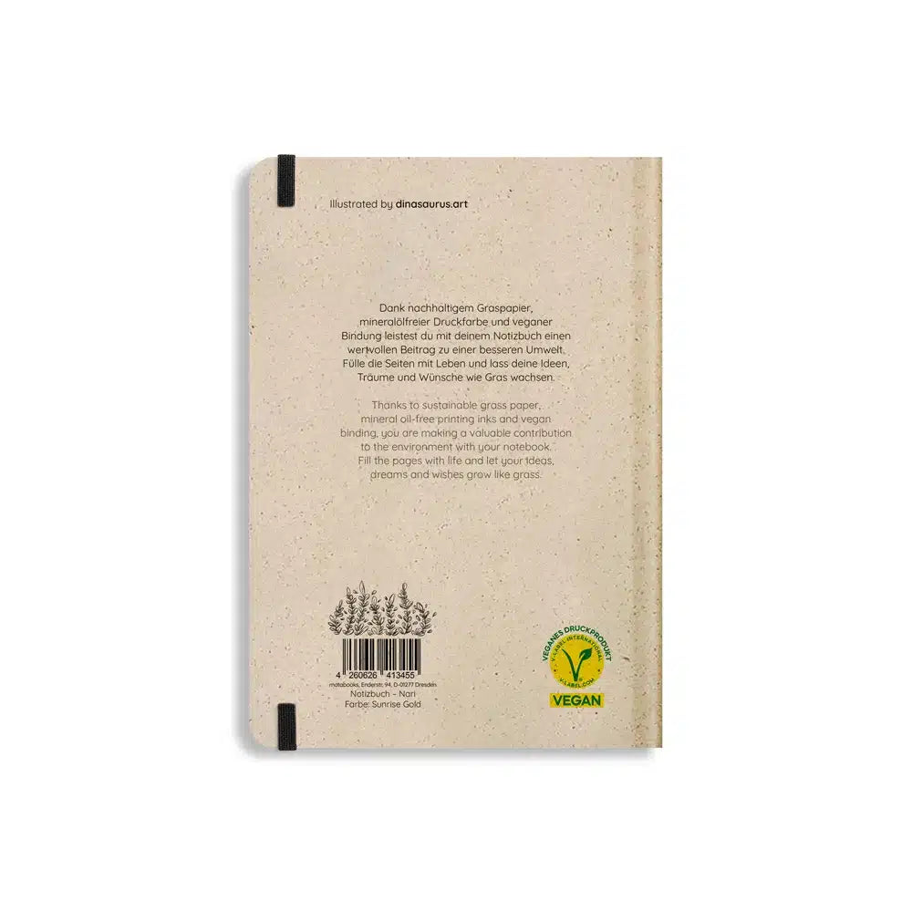 Vegan produziertes Notizbuch, Skizzenbuch, Tagebuch, Achtsamkeitstagebuch, Reisetagebuch, Dankbarkeitstagebuch, Bullet Journal, Planer, Terminplaner, Uni-Planer, Kalender, Wochenplaner, Rezeptbuch, Schreibheft oder Schreibblock A5 Nari aus Graspapier und Süßgraspapier von matabooks