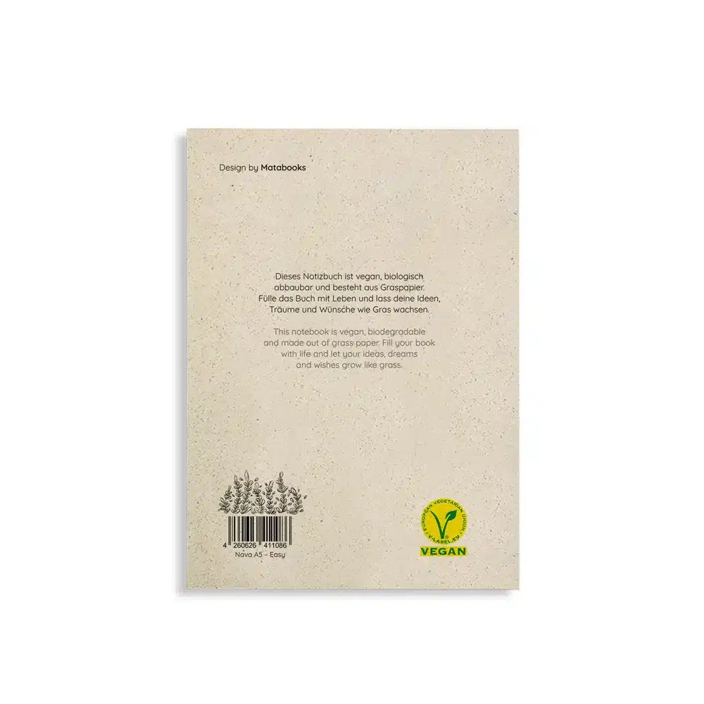 Vegan produziertes Notizbuch, Skizzenbuch, Tagebuch, Achtsamkeitstagebuch, Reisetagebuch, Dankbarkeitstagebuch, Bullet Journal, Planer, Terminplaner, Uni-Planer, Kalender, Wochenplaner, Rezeptbuch, Schreibheft oder Schreibblock A4 Nava aus Graspapier von matabooks