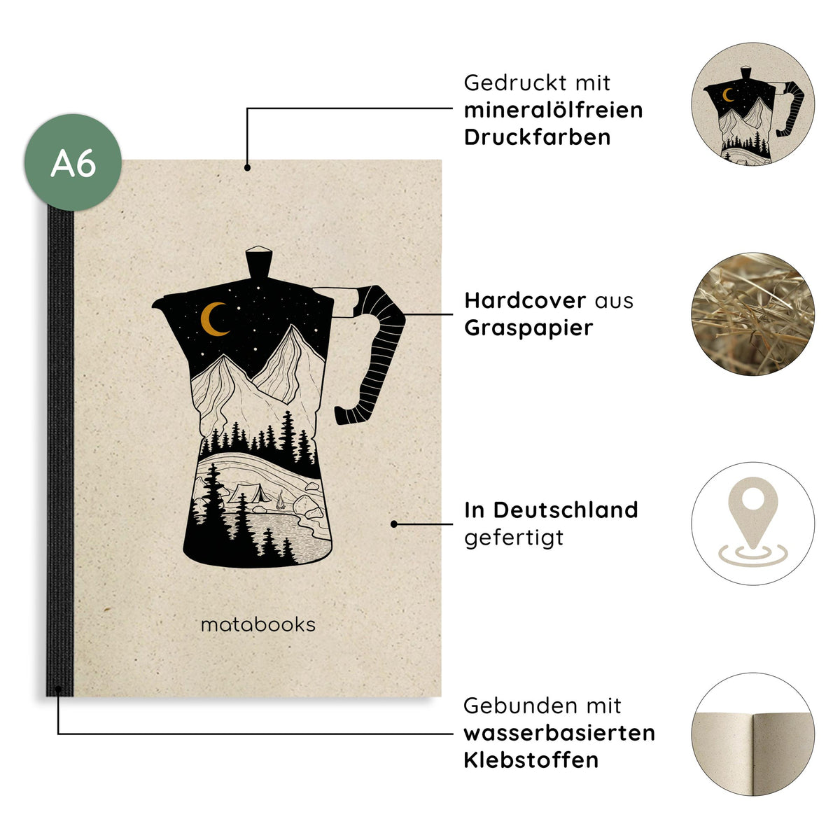 Vegan produziertes Notizbuch, Skizzenbuch, Tagebuch, Achtsamkeitstagebuch, Reisetagebuch, Dankbarkeitstagebuch, Bullet Journal, Rezeptbuch, Schreibheft oder Schreibblock A6 Dahara aus Graspapier von matabooks