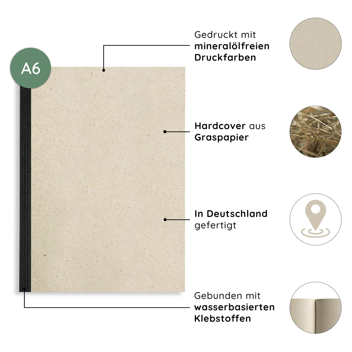 Vegan produziertes Notizbuch, Skizzenbuch, Tagebuch, Achtsamkeitstagebuch, Reisetagebuch, Dankbarkeitstagebuch, Bullet Journal, Rezeptbuch, Schreibheft oder Schreibblock A6 Dahara aus Graspapier von matabooks