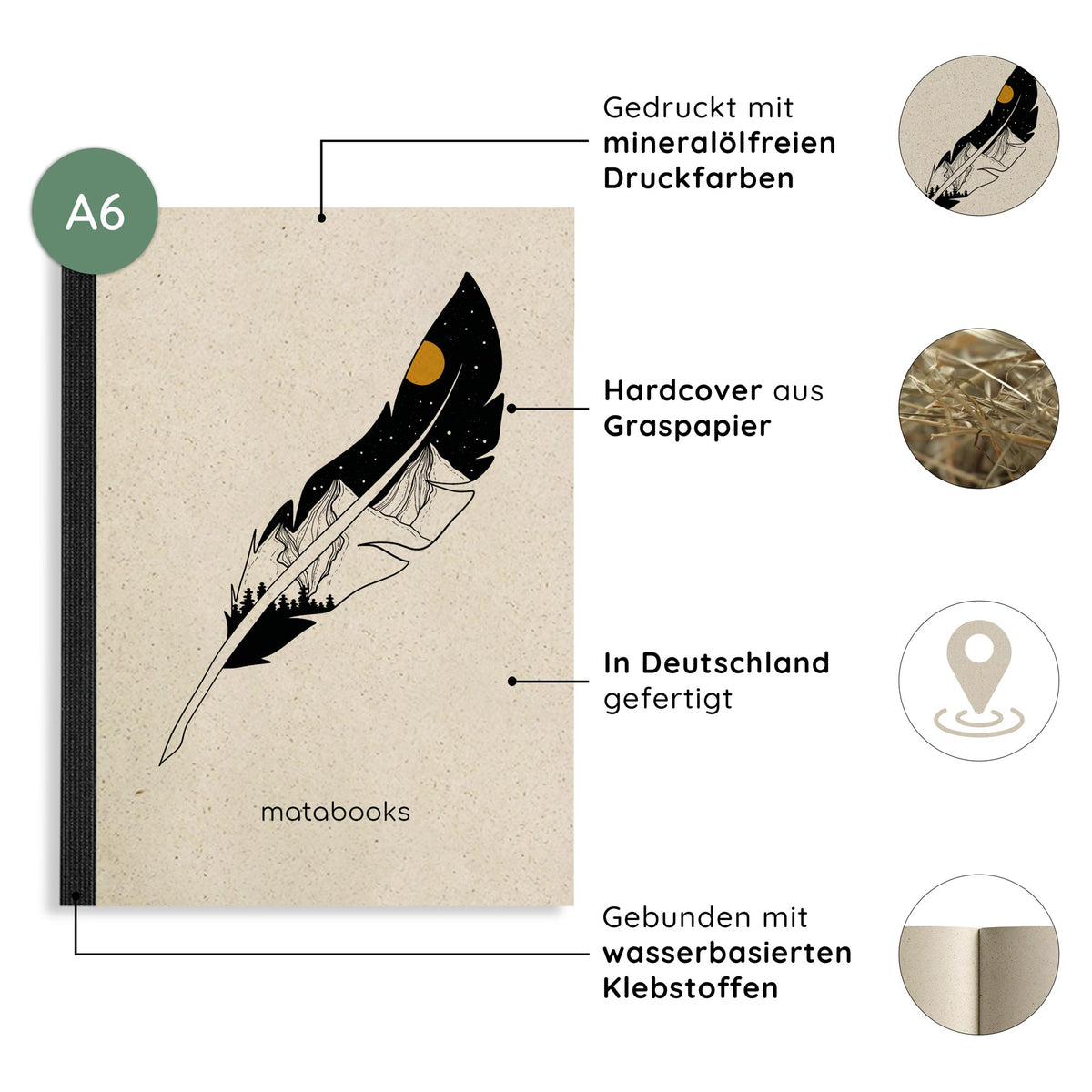 Vegan produziertes Notizbuch, Skizzenbuch, Tagebuch, Achtsamkeitstagebuch, Reisetagebuch, Dankbarkeitstagebuch, Bullet Journal, Rezeptbuch, Schreibheft oder Schreibblock A6 Dahara aus Graspapier von matabooks