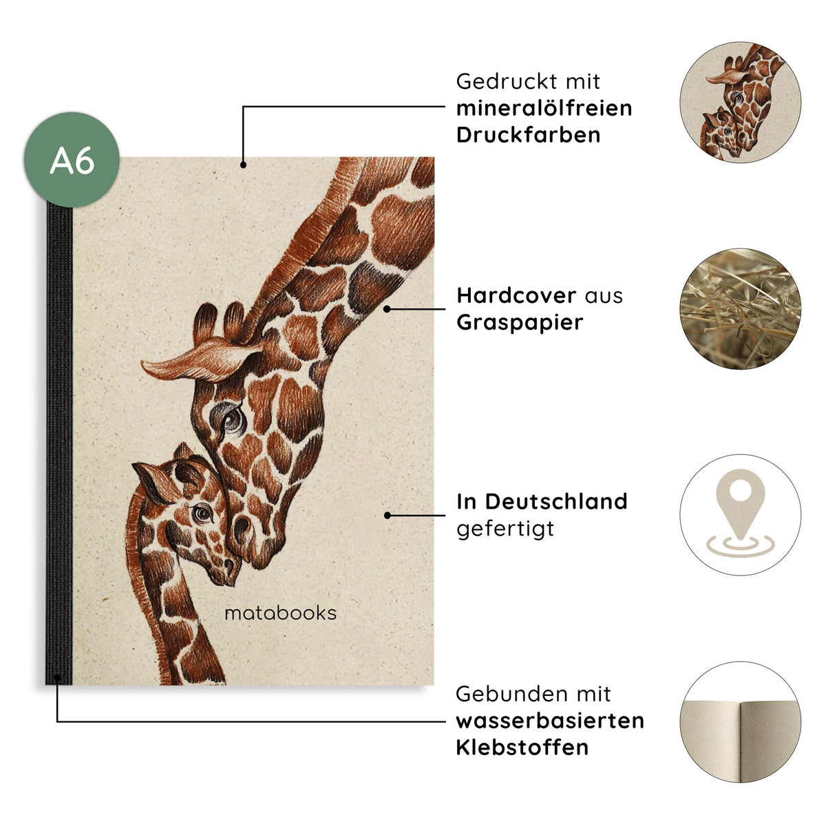 Vegan produziertes Notizbuch, Skizzenbuch, Tagebuch, Achtsamkeitstagebuch, Reisetagebuch, Dankbarkeitstagebuch, Bullet Journal, Rezeptbuch, Schreibheft oder Schreibblock A6 Dahara aus Graspapier von matabooks