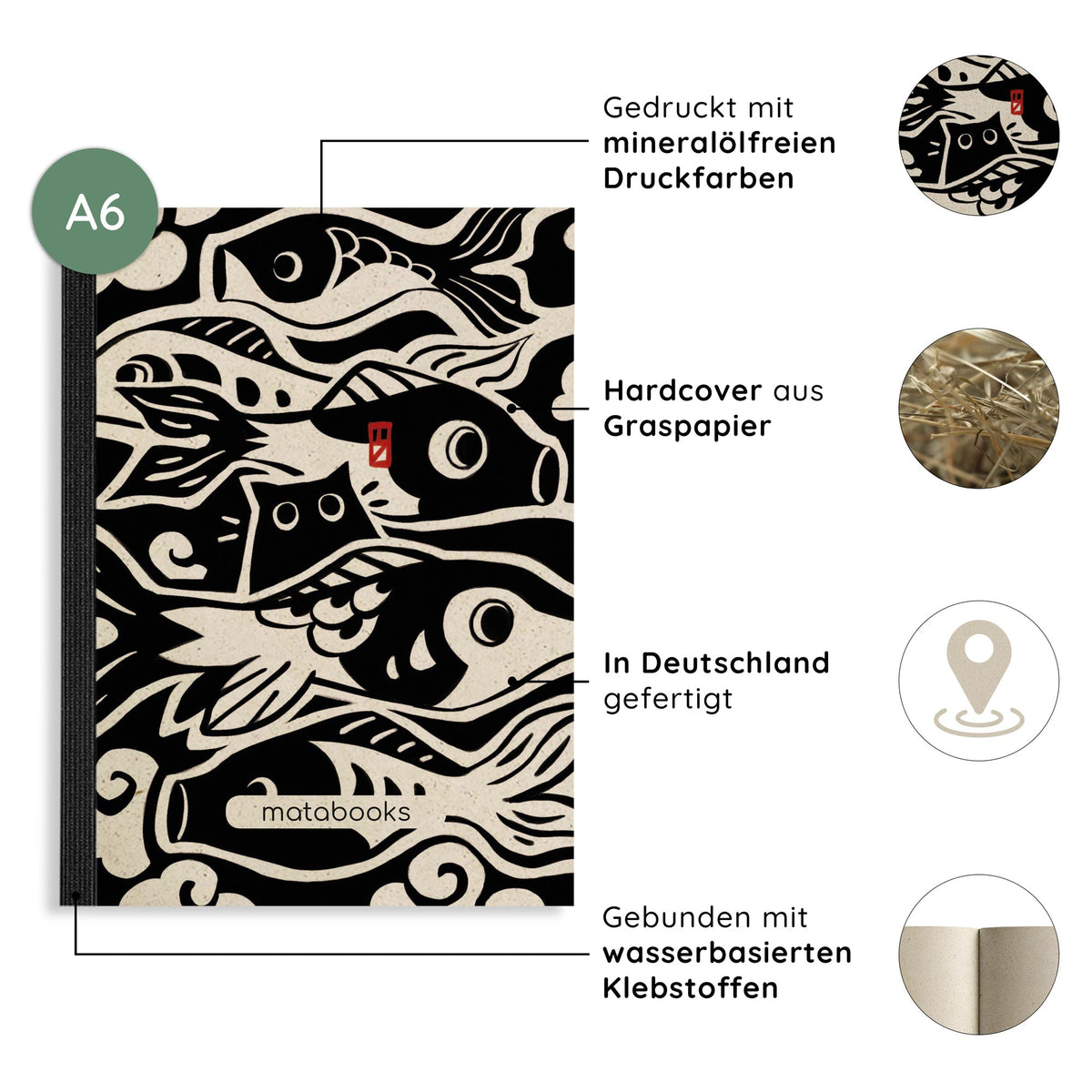 Vegan produziertes Notizbuch, Skizzenbuch, Tagebuch, Achtsamkeitstagebuch, Reisetagebuch, Dankbarkeitstagebuch, Bullet Journal, Rezeptbuch, Schreibheft oder Schreibblock A6 Dahara aus Graspapier von matabooks
