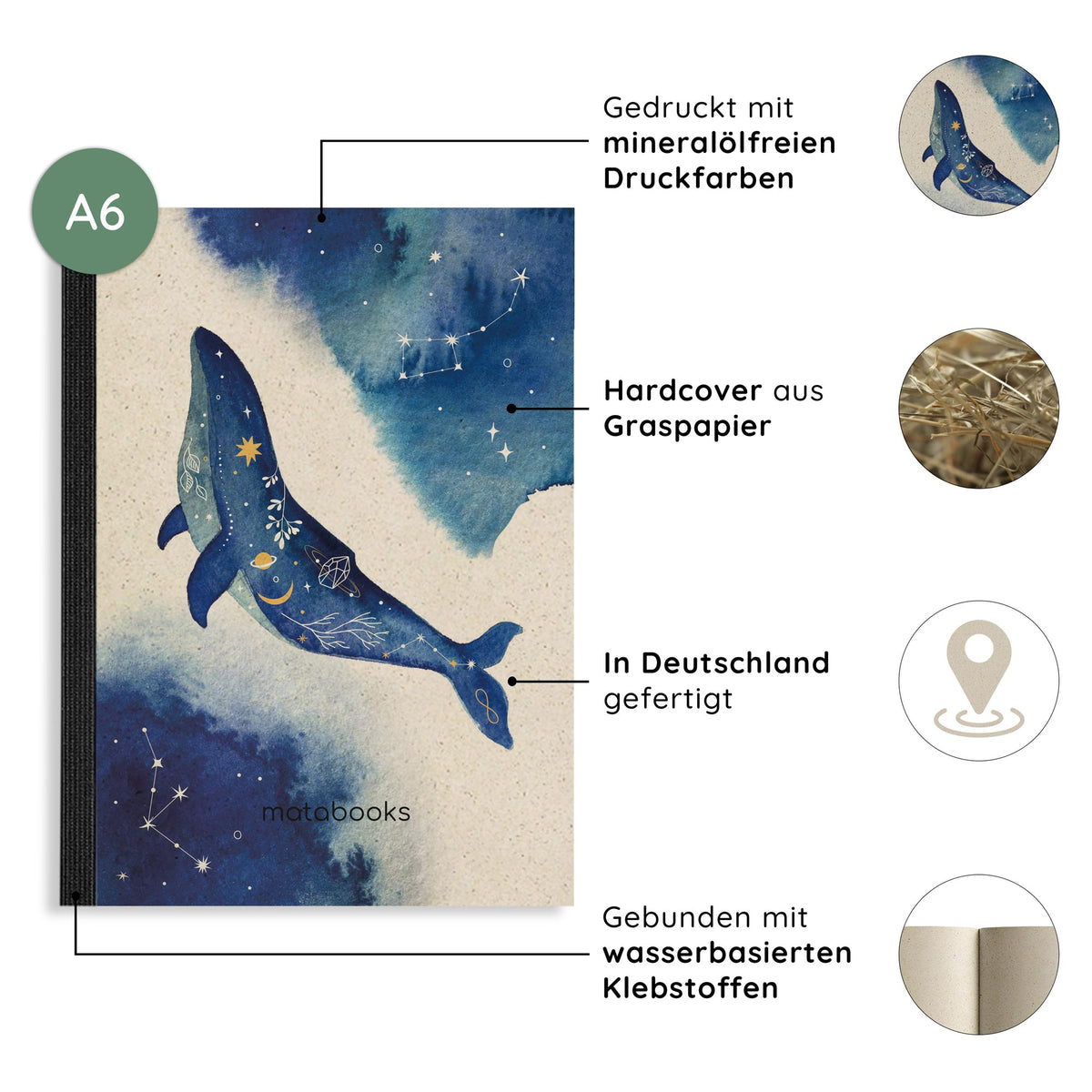 Vegan produziertes Notizbuch, Skizzenbuch, Tagebuch, Achtsamkeitstagebuch, Reisetagebuch, Dankbarkeitstagebuch, Bullet Journal, Rezeptbuch, Schreibheft oder Schreibblock A6 Dahara aus Graspapier von matabooks