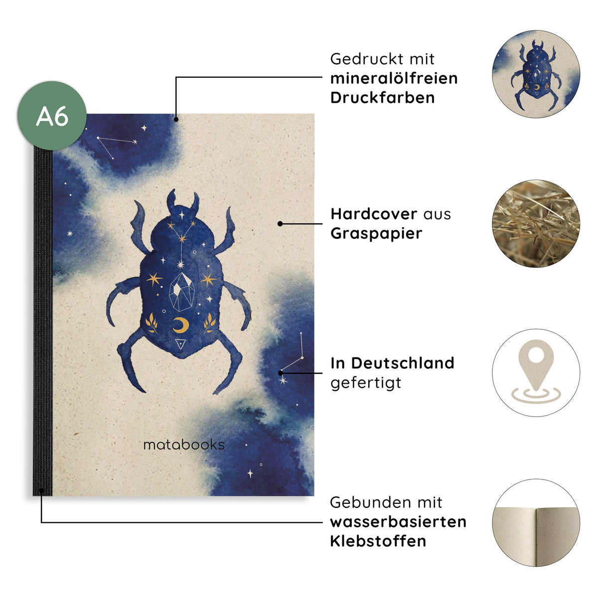 Vegan produziertes Notizbuch, Skizzenbuch, Tagebuch, Achtsamkeitstagebuch, Reisetagebuch, Dankbarkeitstagebuch, Bullet Journal, Rezeptbuch, Schreibheft oder Schreibblock A6 Dahara aus Graspapier von matabooks