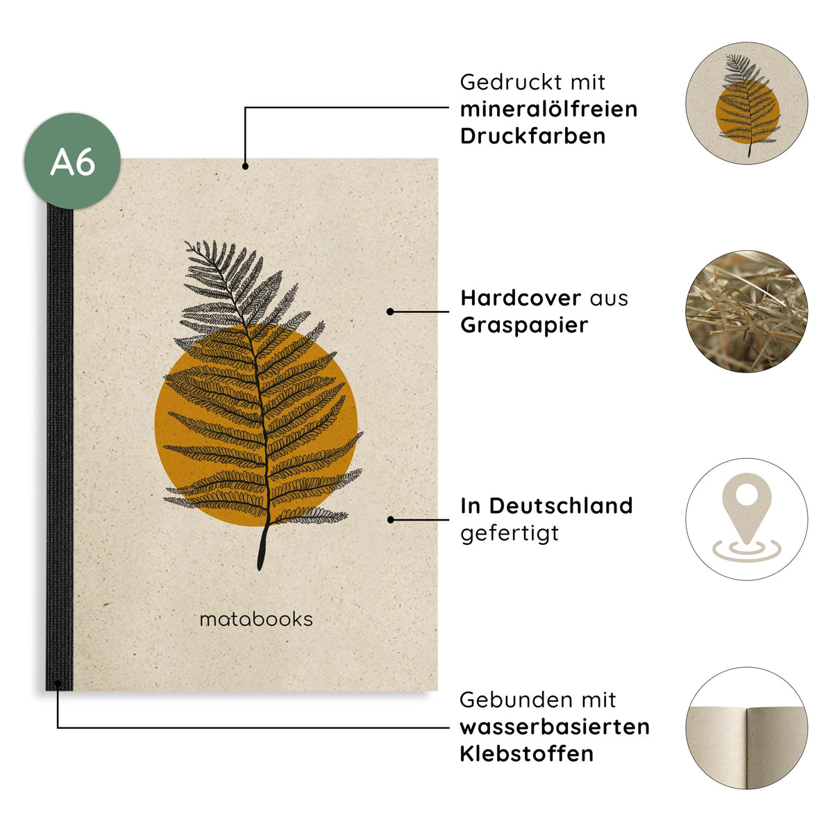 Vegan produziertes Notizbuch, Skizzenbuch, Tagebuch, Achtsamkeitstagebuch, Reisetagebuch, Dankbarkeitstagebuch, Bullet Journal, Rezeptbuch, Schreibheft oder Schreibblock A6 Dahara aus Graspapier von matabooks