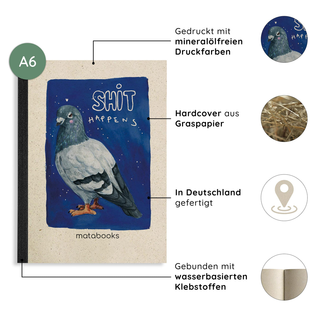 Vegan produziertes Notizbuch, Skizzenbuch, Tagebuch, Achtsamkeitstagebuch, Reisetagebuch, Dankbarkeitstagebuch, Bullet Journal, Rezeptbuch, Schreibheft oder Schreibblock A6 Dahara aus Graspapier von matabooks