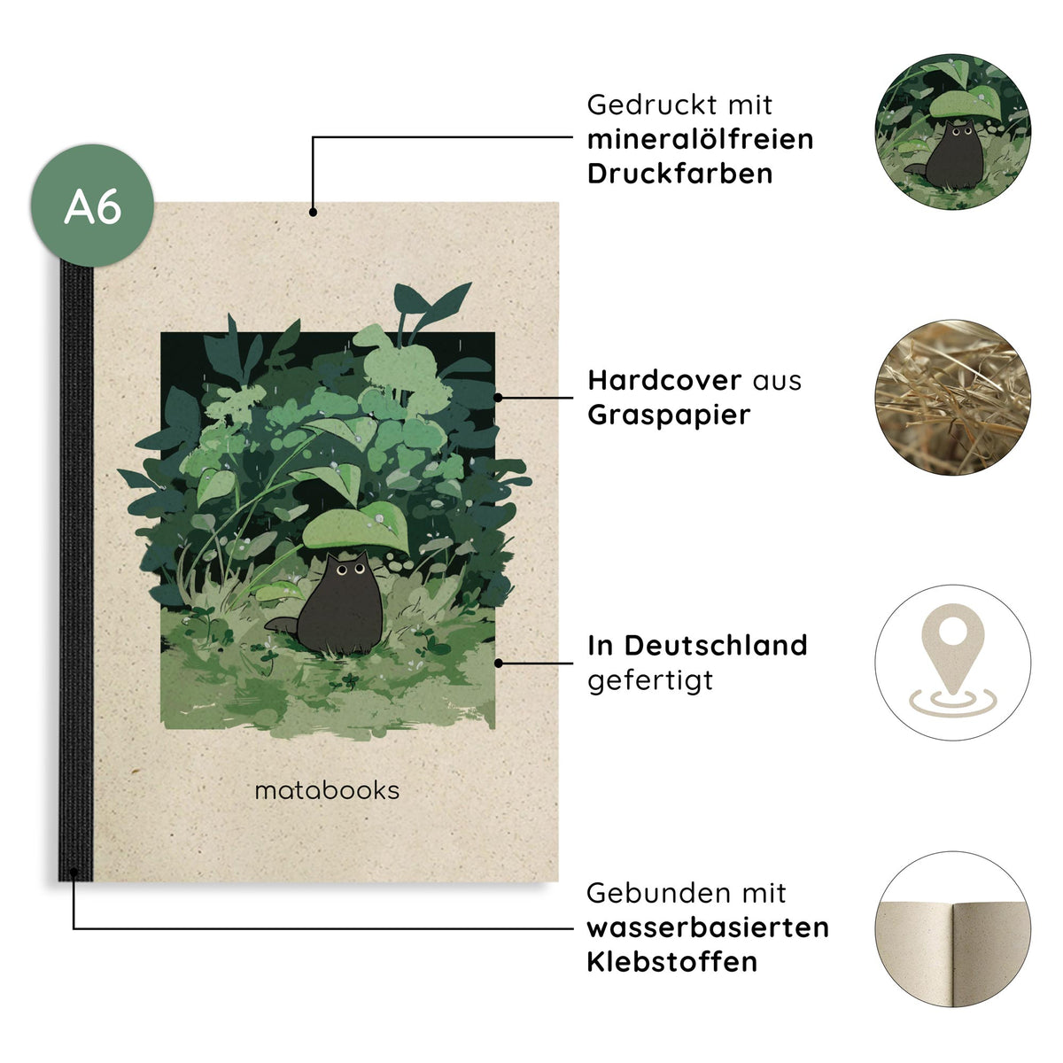 Vegan produziertes Notizbuch, Skizzenbuch, Tagebuch, Achtsamkeitstagebuch, Reisetagebuch, Dankbarkeitstagebuch, Bullet Journal, Rezeptbuch, Schreibheft oder Schreibblock A6 Dahara aus Graspapier von matabooks