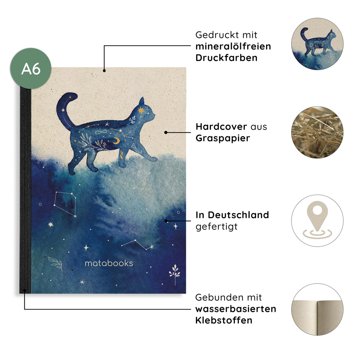 Vegan produziertes Notizbuch, Skizzenbuch, Tagebuch, Achtsamkeitstagebuch, Reisetagebuch, Dankbarkeitstagebuch, Bullet Journal, Rezeptbuch, Schreibheft oder Schreibblock A6 Dahara aus Graspapier von matabooks