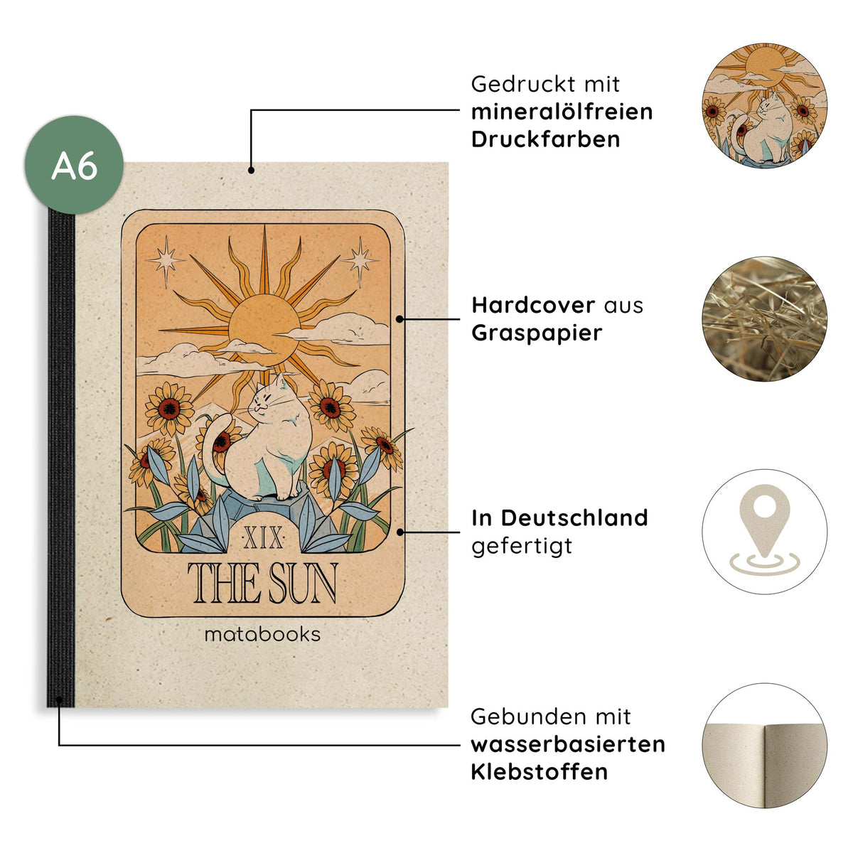 Vegan produziertes Notizbuch, Skizzenbuch, Tagebuch, Achtsamkeitstagebuch, Reisetagebuch, Dankbarkeitstagebuch, Bullet Journal, Rezeptbuch, Schreibheft oder Schreibblock A6 Dahara aus Graspapier von matabooks