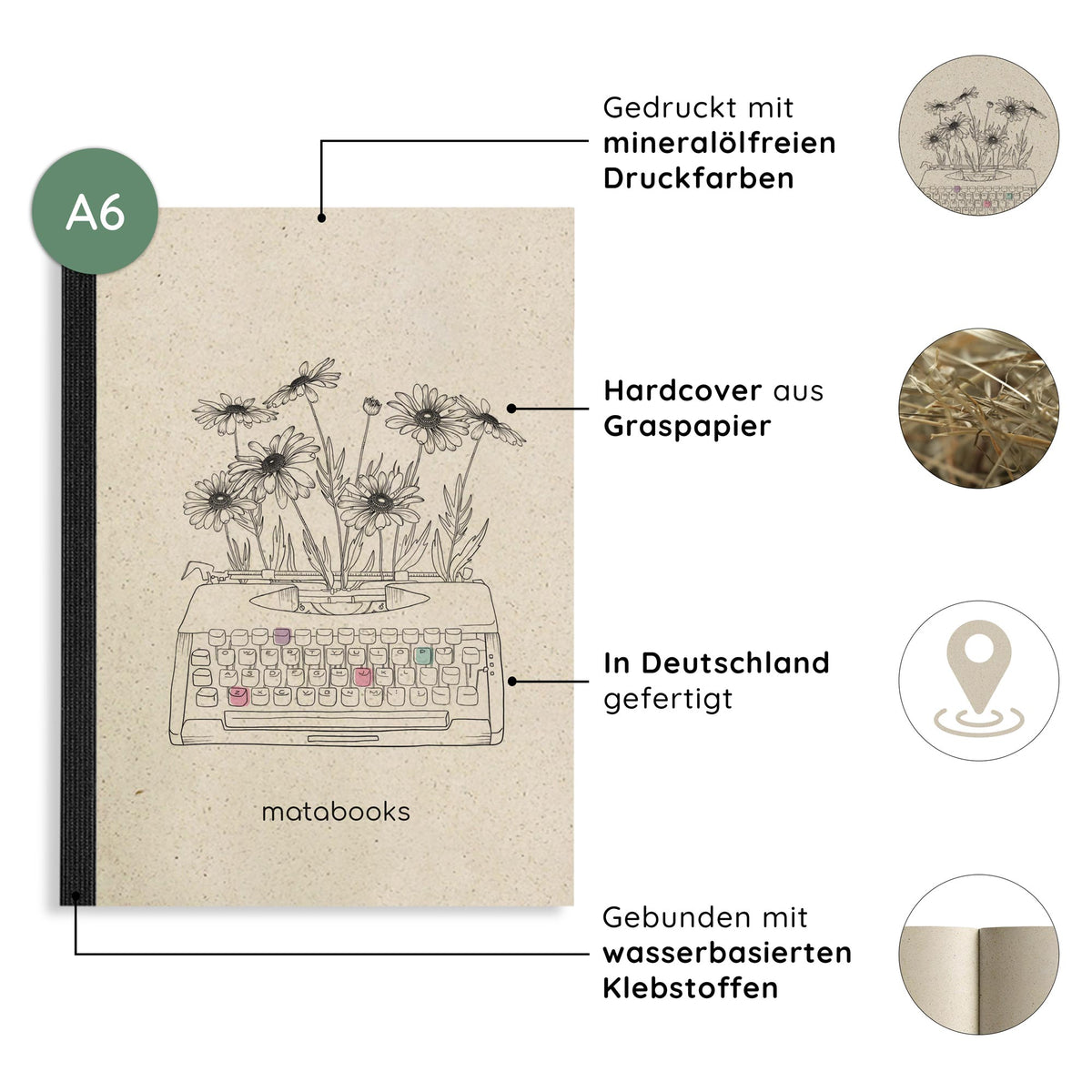 Vegan produziertes Notizbuch, Skizzenbuch, Tagebuch, Achtsamkeitstagebuch, Reisetagebuch, Dankbarkeitstagebuch, Bullet Journal, Rezeptbuch, Schreibheft oder Schreibblock A6 Dahara aus Graspapier von matabooks