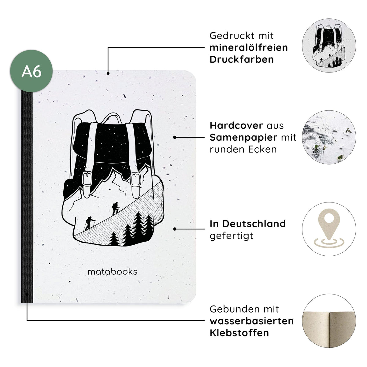 Vegan produziertes Samenbuch, Notizbuch, Skizzenbuch, Tagebuch, Achtsamkeitstagebuch, Reisetagebuch, Dankbarkeitstagebuch, Bullet Journal, Rezeptbuch, Schreibheft oder Schreibblock A6 aus Graspapier von matabooks
