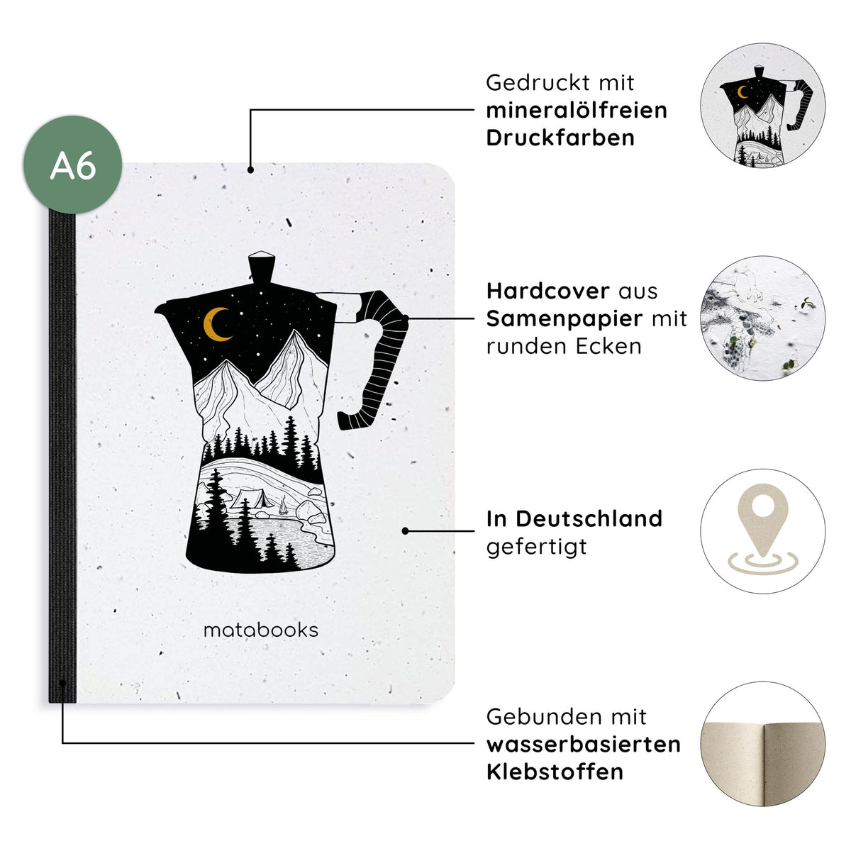 Vegan produziertes Samenbuch, Notizbuch, Skizzenbuch, Tagebuch, Achtsamkeitstagebuch, Reisetagebuch, Dankbarkeitstagebuch, Bullet Journal, Rezeptbuch, Schreibheft oder Schreibblock A6 aus Graspapier von matabooks
