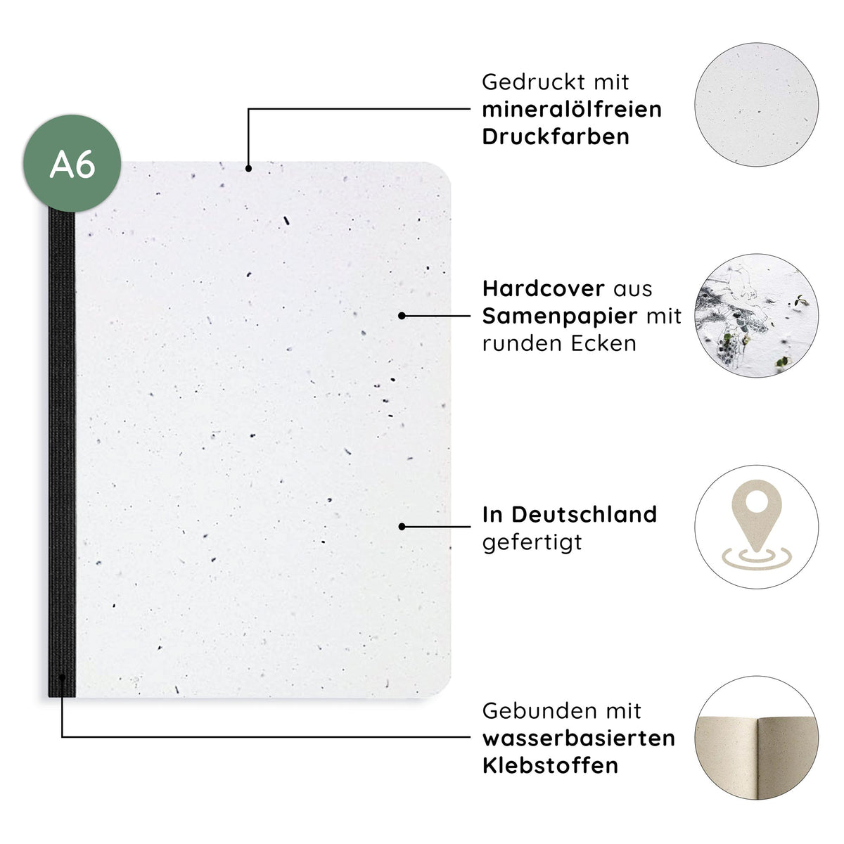 Vegan produziertes Samenbuch, Notizbuch, Skizzenbuch, Tagebuch, Achtsamkeitstagebuch, Reisetagebuch, Dankbarkeitstagebuch, Bullet Journal, Rezeptbuch, Schreibheft oder Schreibblock A6 aus Graspapier von matabooks
