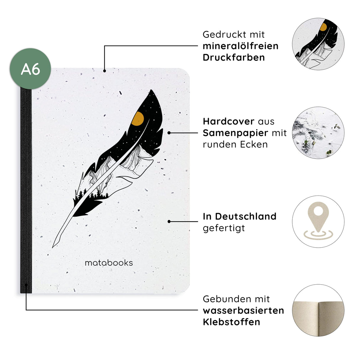 Vegan produziertes Samenbuch, Notizbuch, Skizzenbuch, Tagebuch, Achtsamkeitstagebuch, Reisetagebuch, Dankbarkeitstagebuch, Bullet Journal, Rezeptbuch, Schreibheft oder Schreibblock A6 aus Graspapier von matabooks
