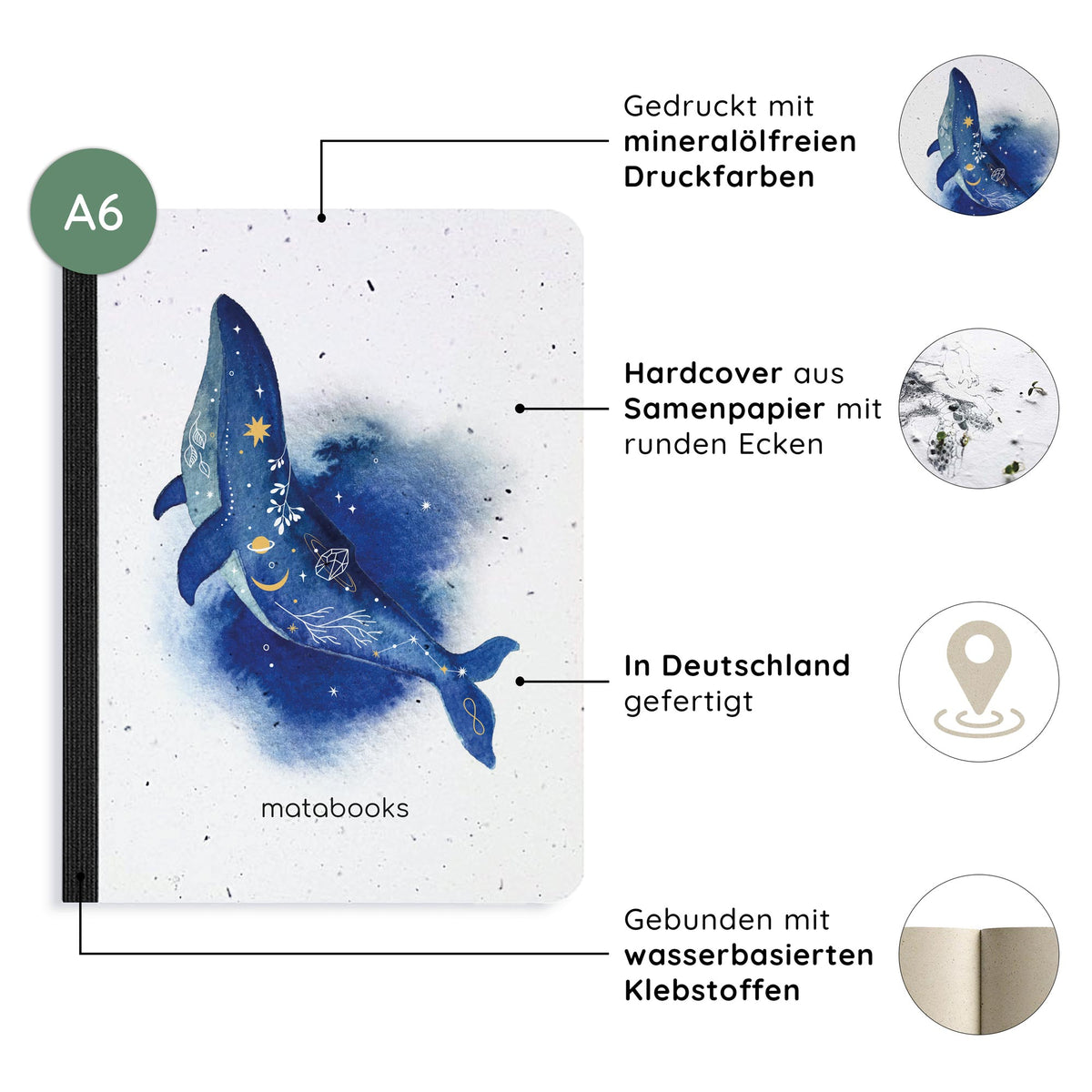 Vegan produziertes Samenbuch, Notizbuch, Skizzenbuch, Tagebuch, Achtsamkeitstagebuch, Reisetagebuch, Dankbarkeitstagebuch, Bullet Journal, Rezeptbuch, Schreibheft oder Schreibblock A6 aus Graspapier von matabooks
