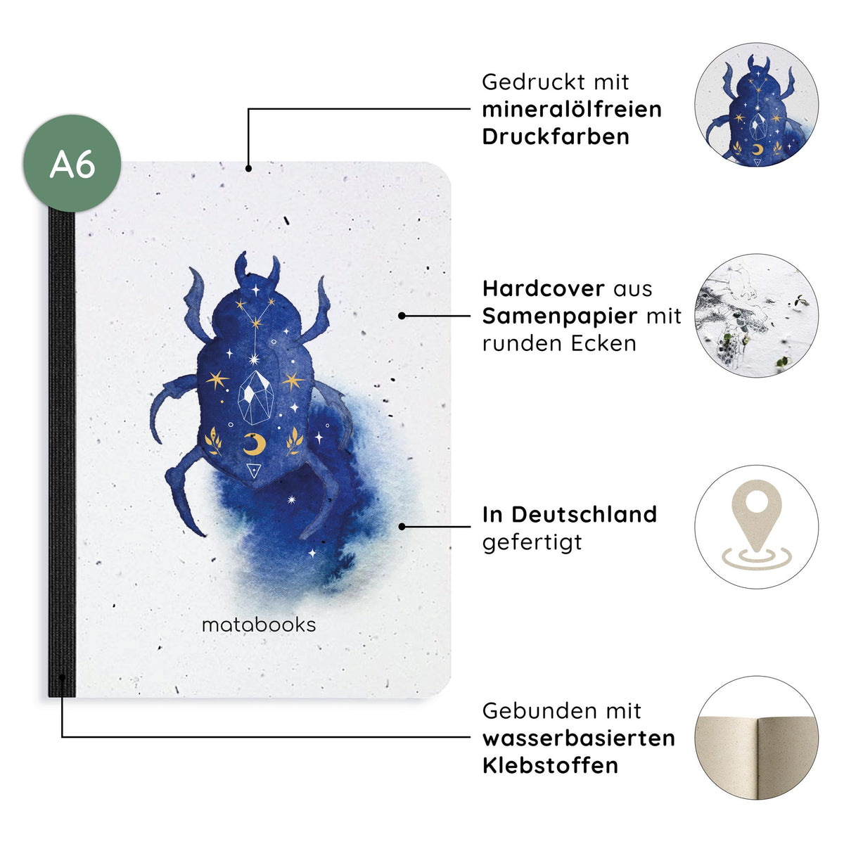 Vegan produziertes Samenbuch, Notizbuch, Skizzenbuch, Tagebuch, Achtsamkeitstagebuch, Reisetagebuch, Dankbarkeitstagebuch, Bullet Journal, Rezeptbuch, Schreibheft oder Schreibblock A6 aus Graspapier von matabooks
