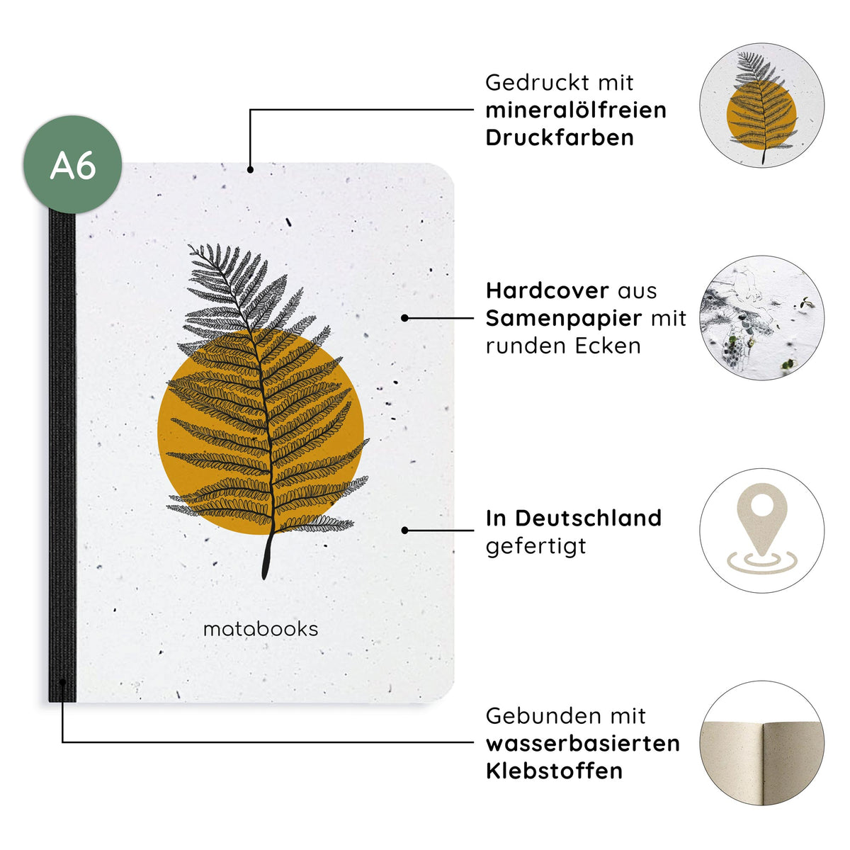 Vegan produziertes Samenbuch, Notizbuch, Skizzenbuch, Tagebuch, Achtsamkeitstagebuch, Reisetagebuch, Dankbarkeitstagebuch, Bullet Journal, Rezeptbuch, Schreibheft oder Schreibblock A6 aus Graspapier von matabooks
