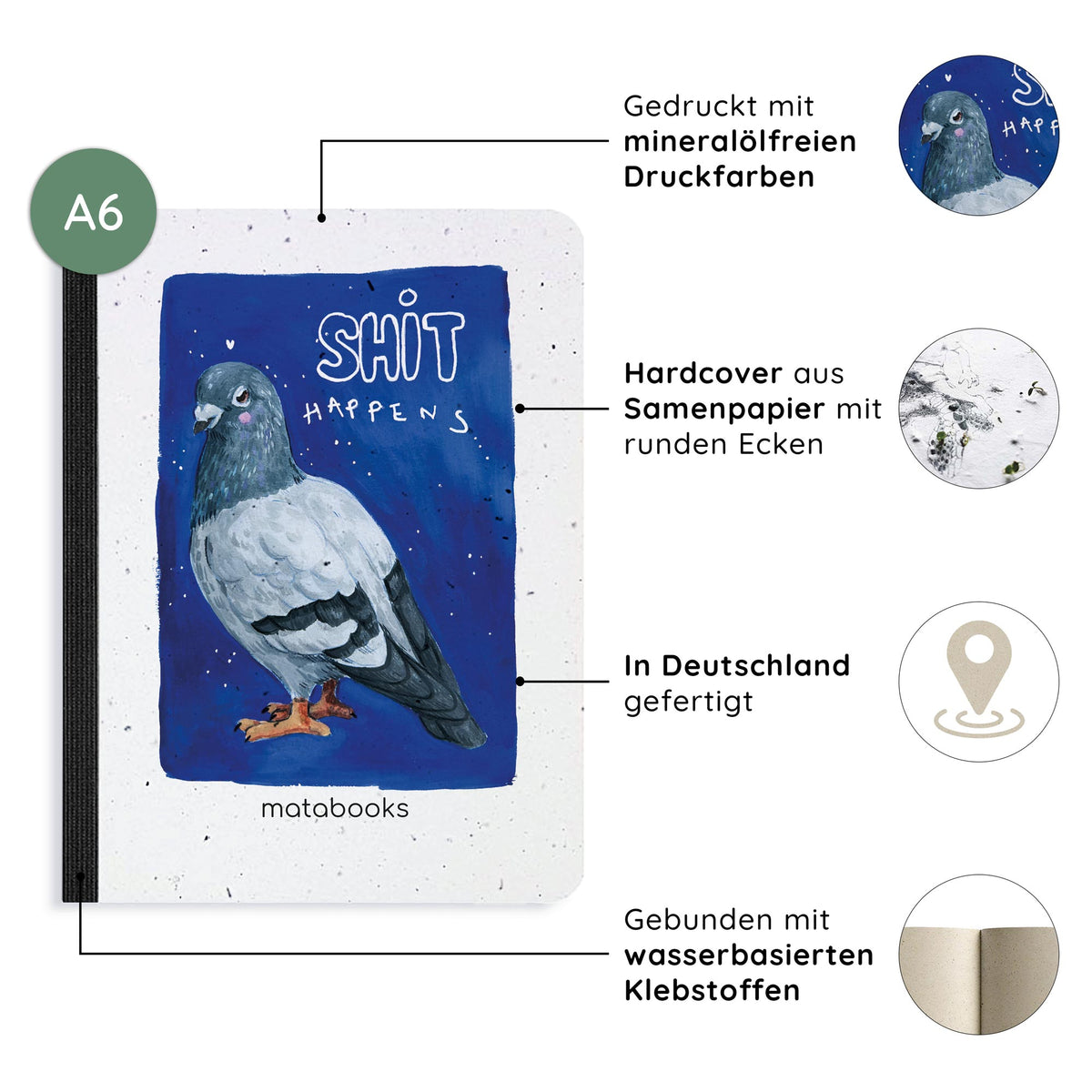 Vegan produziertes Samenbuch, Notizbuch, Skizzenbuch, Tagebuch, Achtsamkeitstagebuch, Reisetagebuch, Dankbarkeitstagebuch, Bullet Journal, Rezeptbuch, Schreibheft oder Schreibblock A6 aus Graspapier von matabooks
