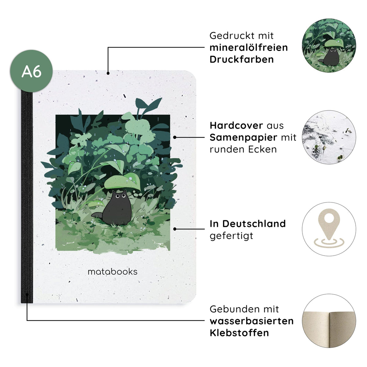 Vegan produziertes Samenbuch, Notizbuch, Skizzenbuch, Tagebuch, Achtsamkeitstagebuch, Reisetagebuch, Dankbarkeitstagebuch, Bullet Journal, Rezeptbuch, Schreibheft oder Schreibblock A6 aus Graspapier von matabooks
